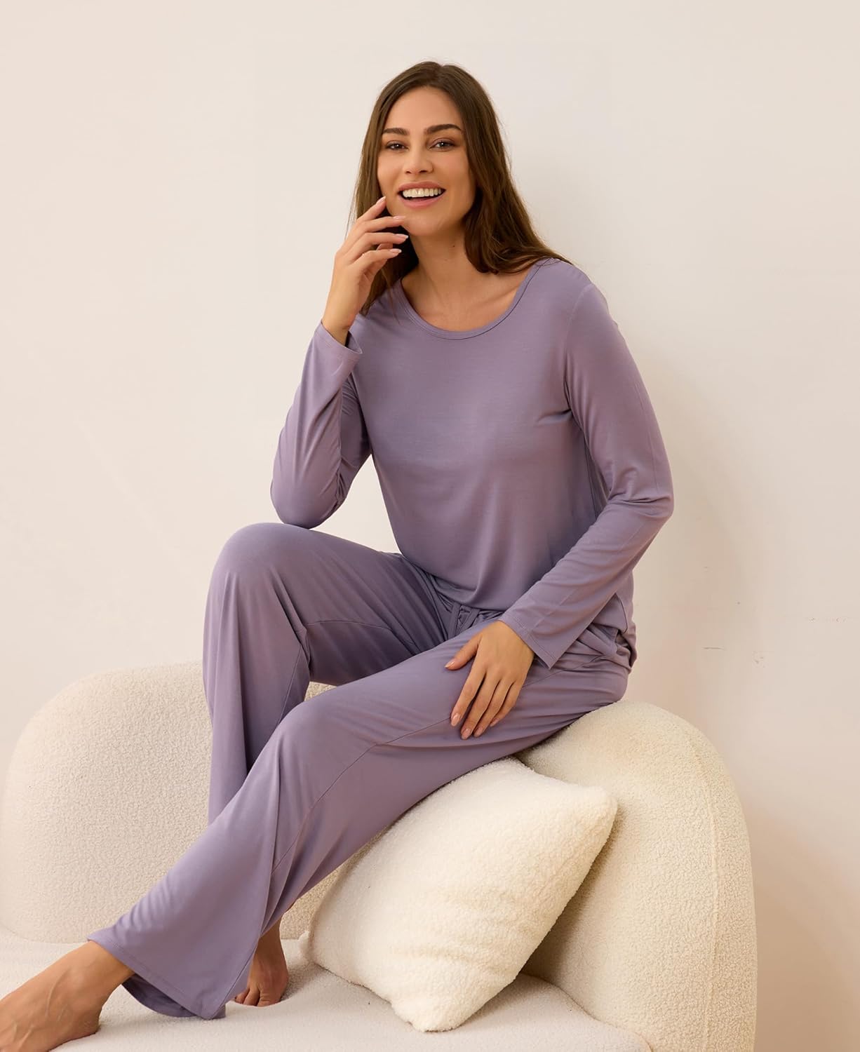GYS Bamboo Viscose Womens Pajamas Set Long Sleeve Crew Neck Sleep Set - Image 2