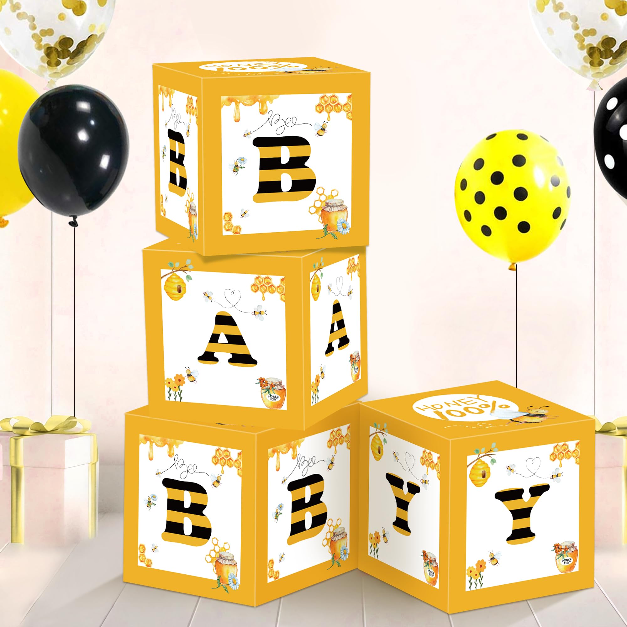 Bee Baby Shower Balloon Boxes Decorations - 4Pcs Honey Bumble Theme What Will It Bee Gender Reveal Decorations Balloon Box Backdrop Block Party Supplies