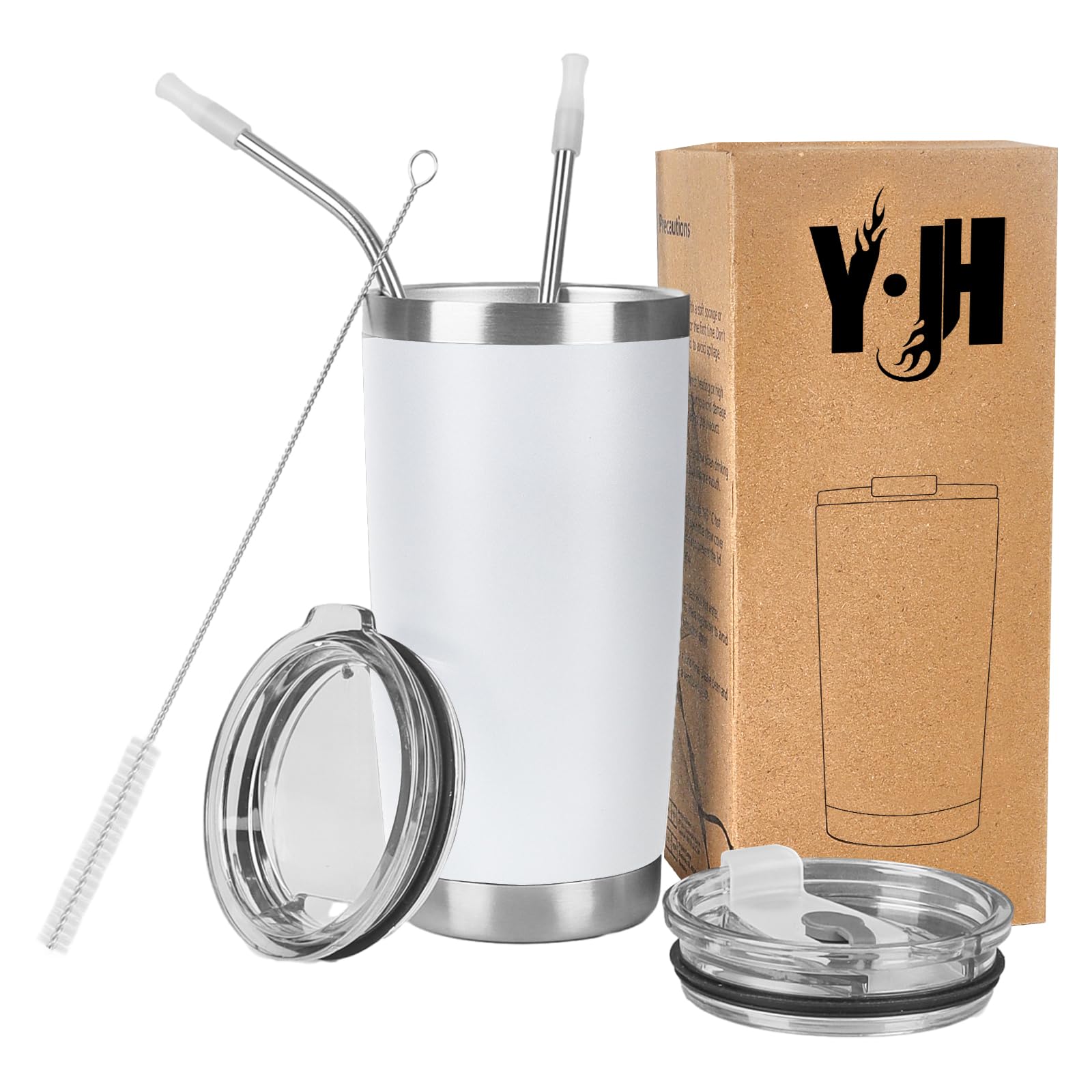 Y·J&H Doppelwandig Vakuum Isolierter Autobecher, Edelstahl Reiseflasche, Thermobecher Kaffee to Go mit 2 Spritzfestem Deckel 2 Strohhalm, Rohrbürste,BPA Free