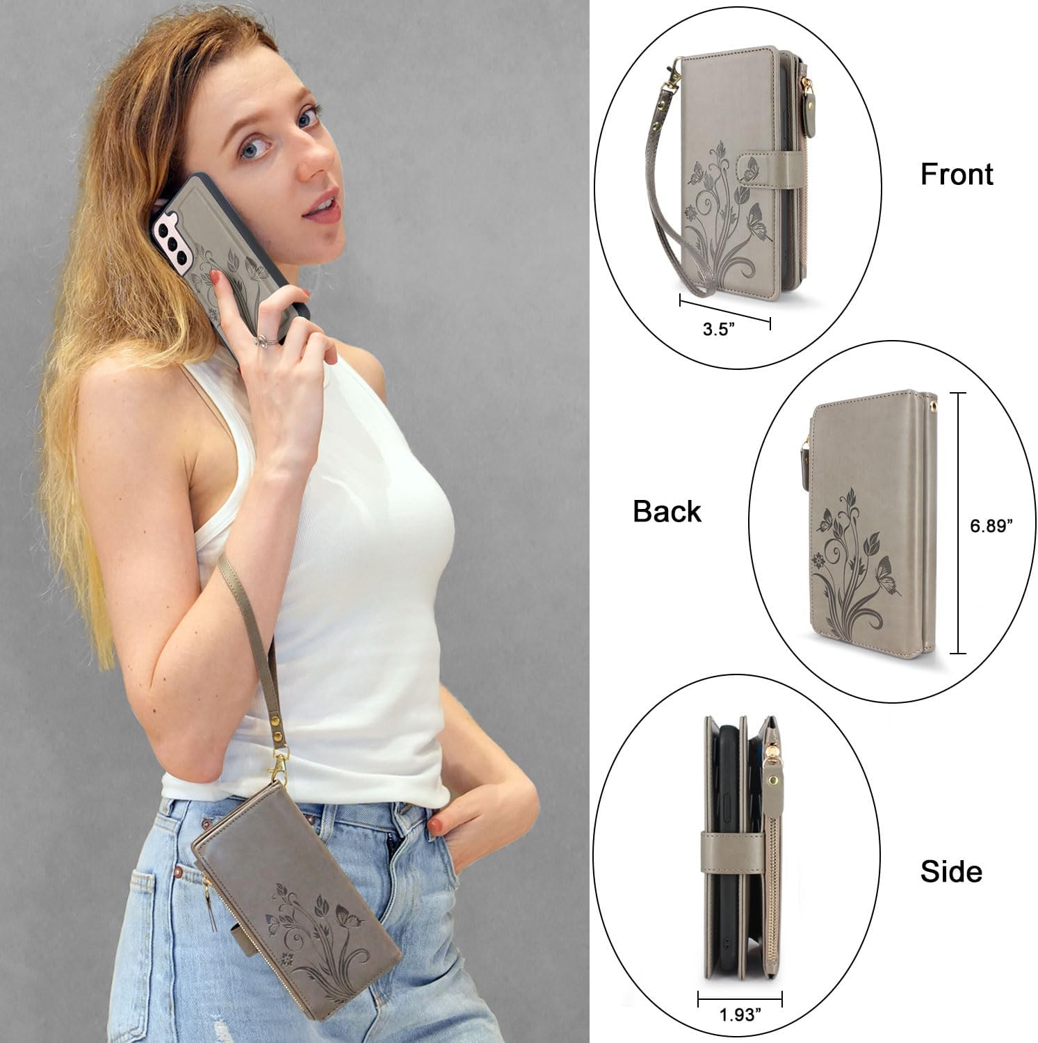 Lacass for Samsung Galaxy S22 Case [12 Card Slots] ID Credit Cash Holder Zipper Pocket Detachable Magnet Leather Wallet Cover Wrist Strap Lanyard Carrying Pouch(Floral Gray)