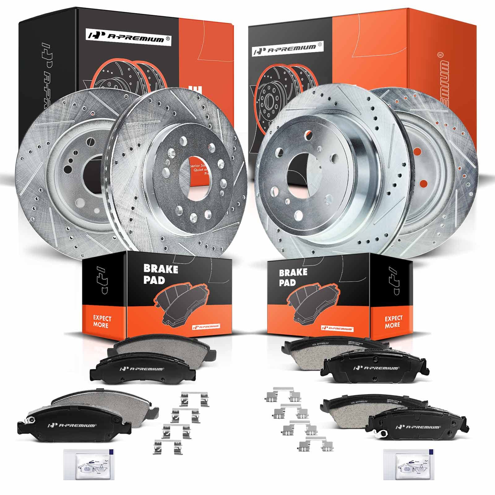 a-premium front & rear drilled and slotted disc brake rotors + ceramic pads kit compatible with select chevy, gmc and cadillac models - silverado 1500, sierra 1500, escalade, avalanche, tahoe, yukon