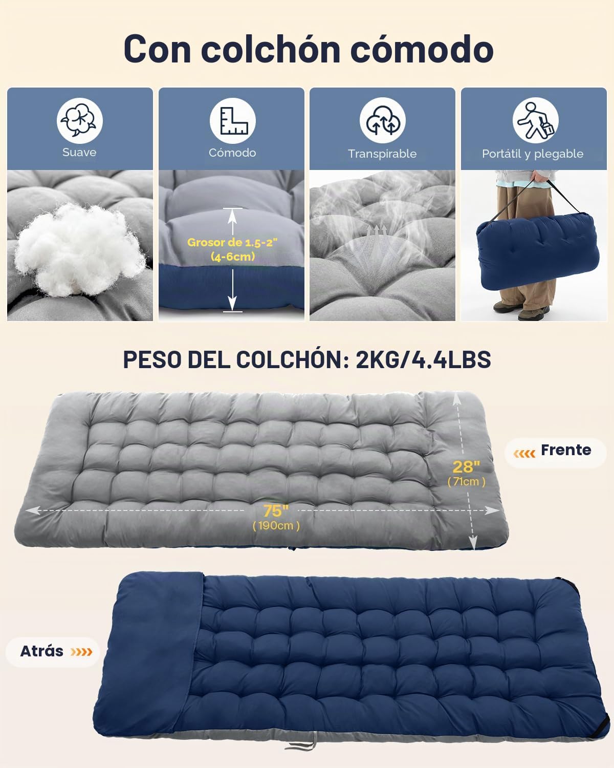 Sportneer Cuna de Camping portátil con colchón, cunas de Dormir Plegables para Adultos, 188 x 71 x 35 cm Cama de Campamento Plegable Resistente con Acolchado para Camping
