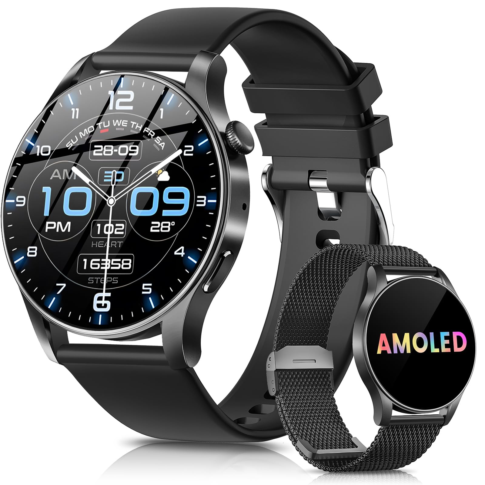 Reloj Inteligente Mujer Hombre, 2025 Smartwatch 1.43" AMOLED Llamadas Bluetooth, 2 Correas, 100+ Modos Deportivos, Asistente de Voz, IP67 Impermeable Smart Watch para Android iOS(Negro)