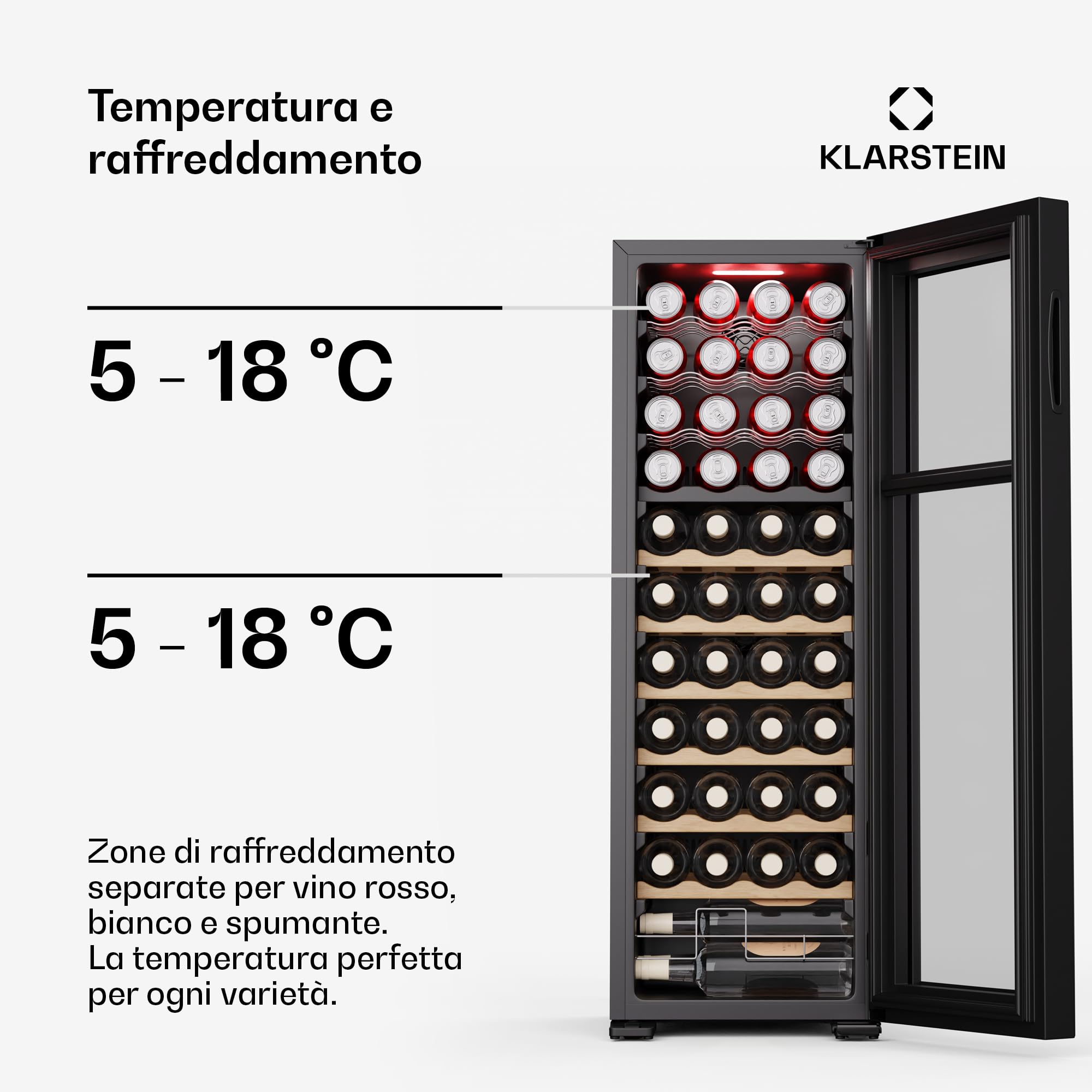 Klarstein Bovella 44 Duo+ - Cantinetta per Vini, 44 Bottiglie, Doppia Temperatura 5-18°C, Touch Control, LED, UV, A Libera Installazione