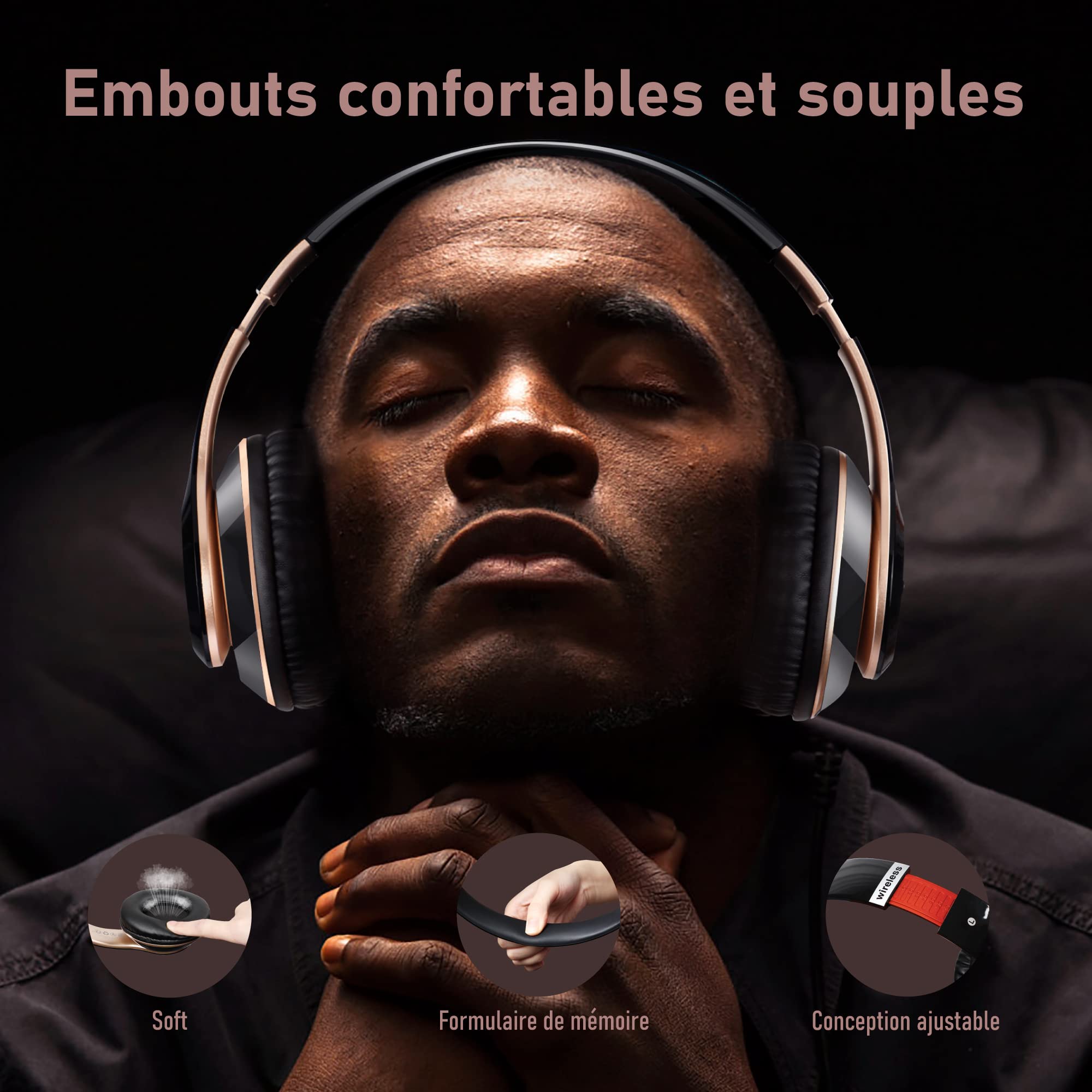 Casque Bluetooth sans Fil, Casque Bluetooth Supra-auriculaire avec 6 Modes d'égalisation, Casque sans Fil 65 Heures avec Microphone HD Intégré, FM, SD/TF pour l'extérieur, Le Transport