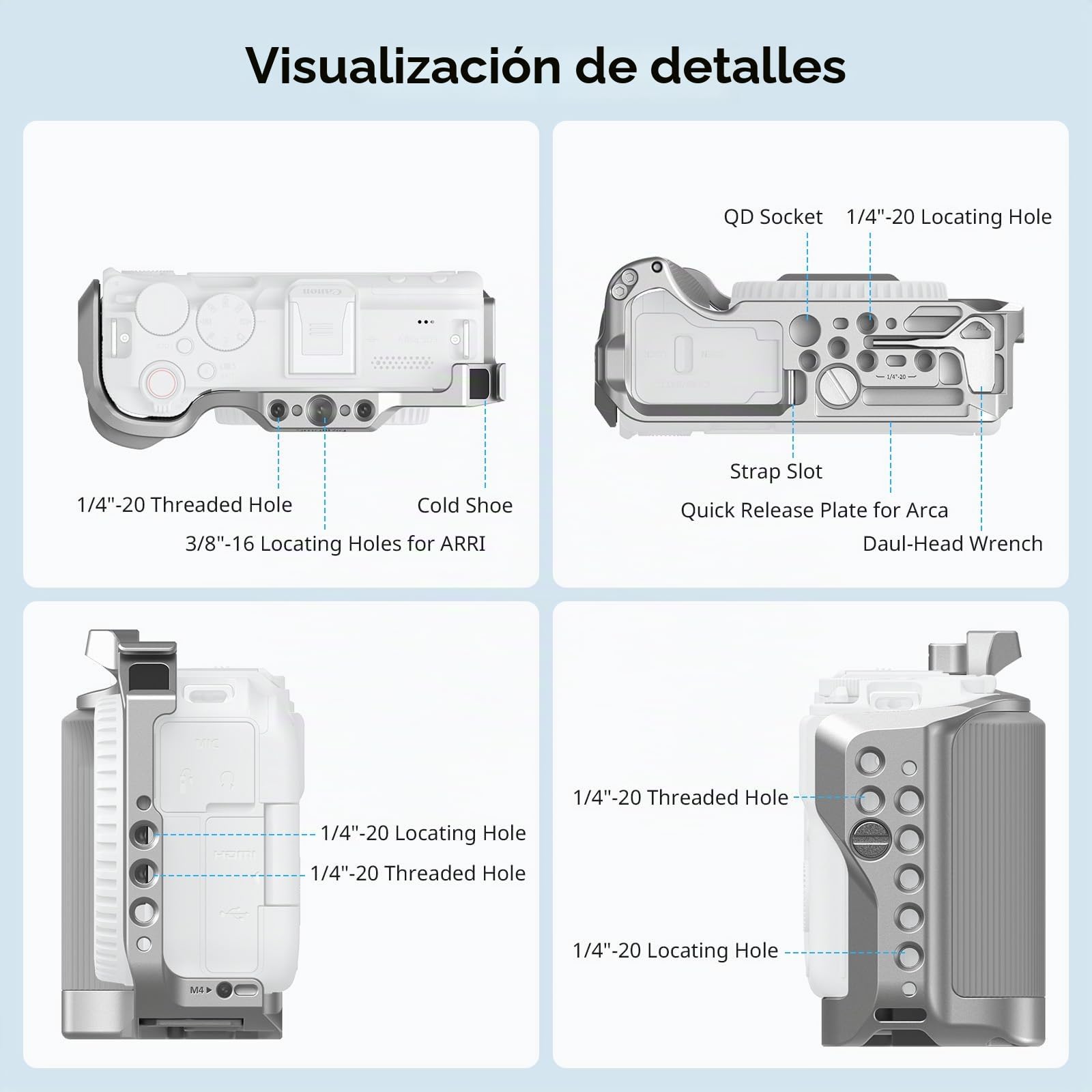 SMALLRIG Jaula para Cámara Canon R50V - Empuñadura Ergonómica de Silicona, Placa QR Arca, Roscas 1/4"-20 y 3/8"-16 (ARRI), Zapata Fría, QD y Disparo Vertical (Plateado) - 5428