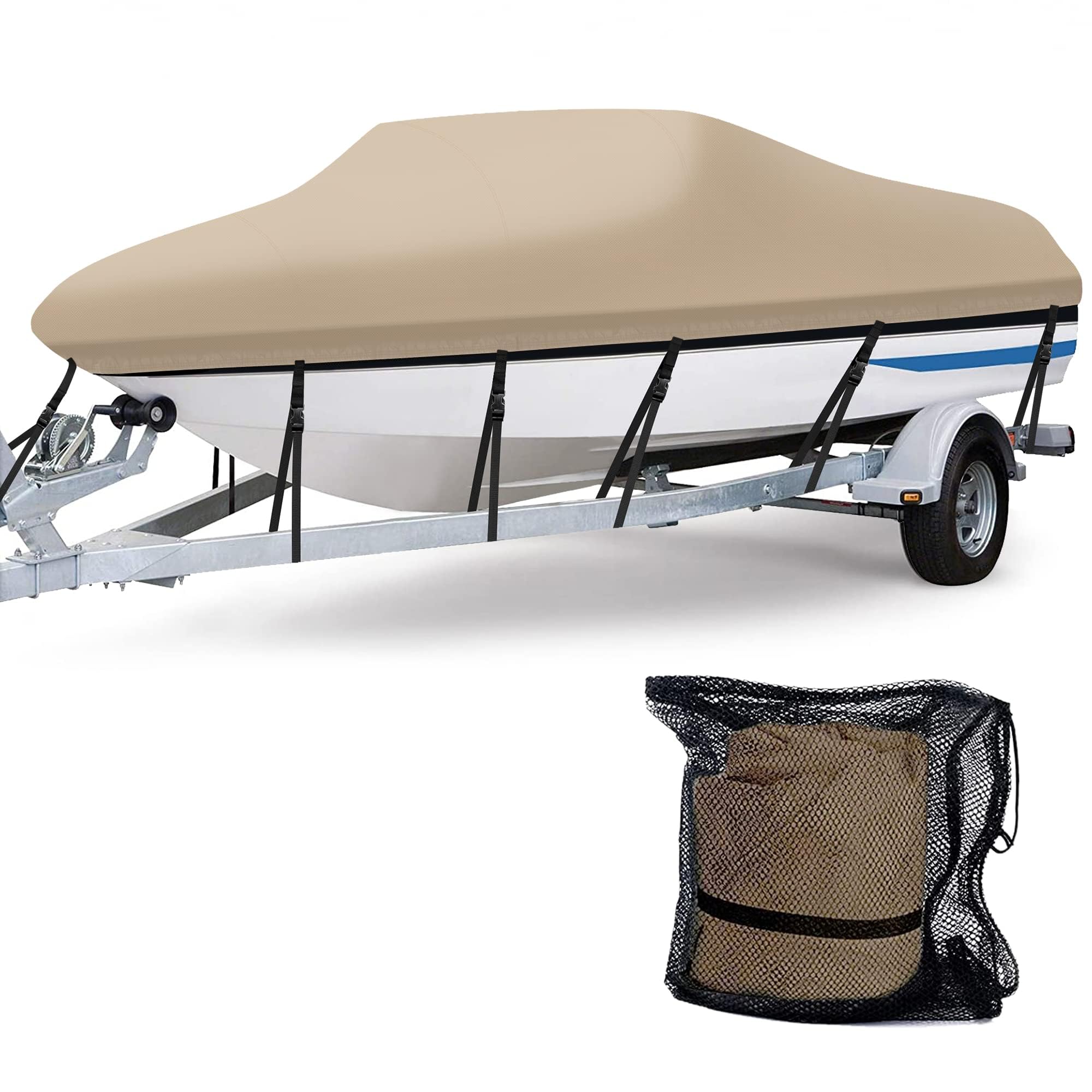 AngLink Boat Cover 14-16 ft, 600D Marine Grade Water Resistant Trailerable Storage Cover for V-Hull, Runabout, Bass Boat & Fishing Boat, Fits Up to 90 in Beam Width, UV Resistant, Beige