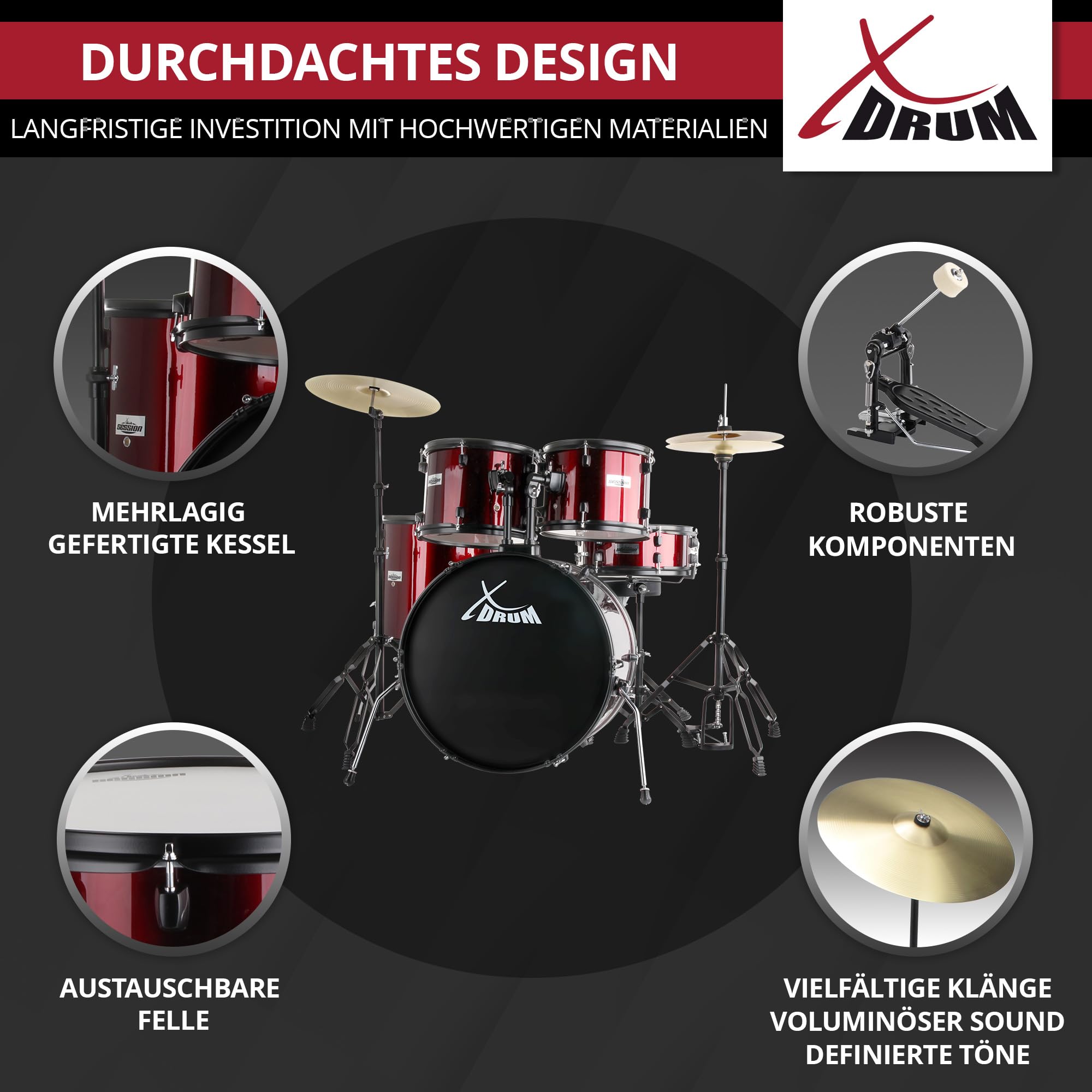 XDrum Rookie 22" Standard Schlagzeug Komplettset Ruby Red - Ideal für Einsteiger - Stylische Hardware in schwarz - Inkl. Drumsticks 5B, Aufbauanleitung und Schlagzeugschule - Rot