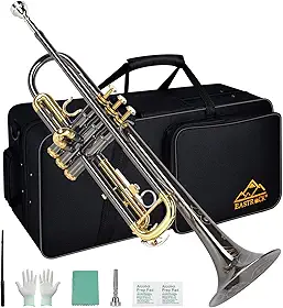 EASTROCK Conjunto de trompete padrão Bb Trumpet com estojo de transporte, luvas, bocal 7C, haste de afinação, níquel preto, artesanato esculpido à mão