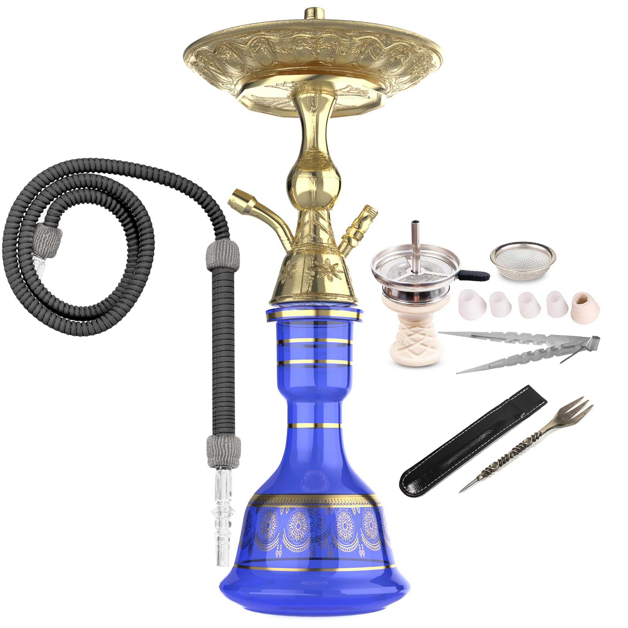 Luna Hookah Premium Travel Tradi Shisha Set Completo Absoluto Diseño Elegante | Pipa De Agua Tradicional De 43 cm Con Cabeza De Piedra, Chimenea, Manguera Tradicional Y Pinzas (Azul Oscuro)