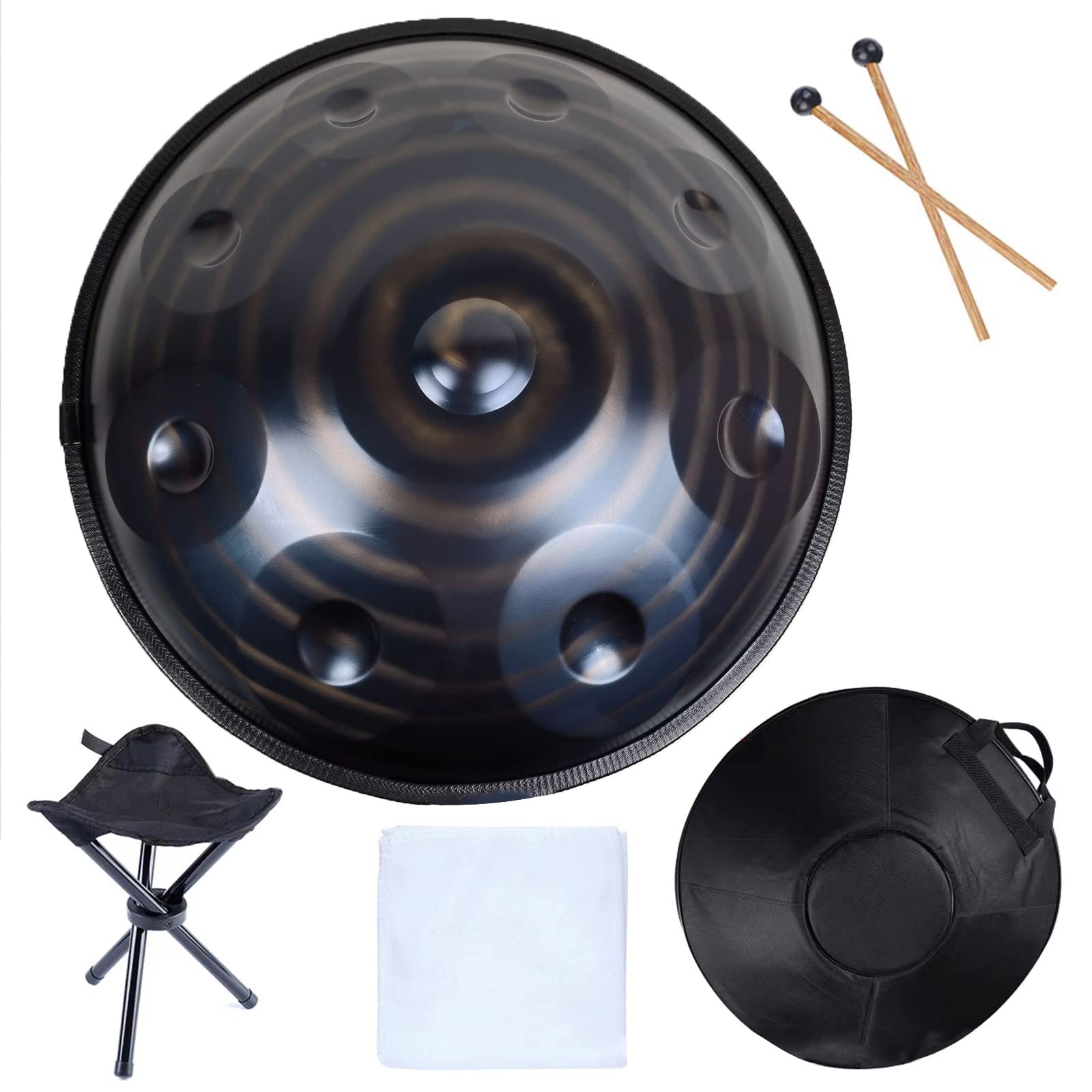 Instrument bębenkowy Handpan w tonacji d-moll, 432 Hz, stalowy bęben ręczny z miękkim pokrowcem, pałkami, stojakiem - narzędzie dźwiękowe i medytacyjne