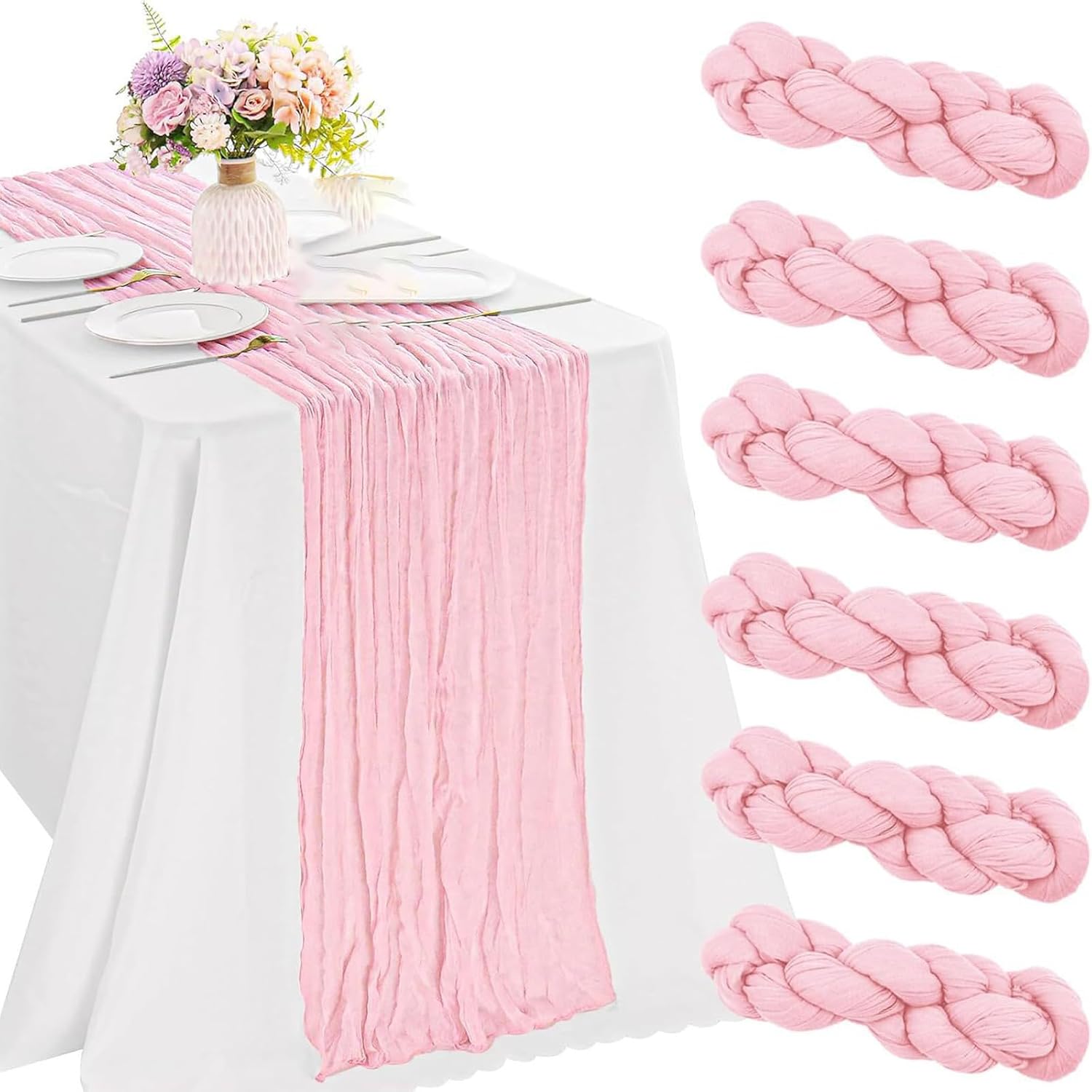 6 Pack Light Pink Gauze Cheesecloth Table Runners 10ft (35x120 Inch) - Boho Wedding Decor for Bridal Showers, Baby Showers & Birthday Parties