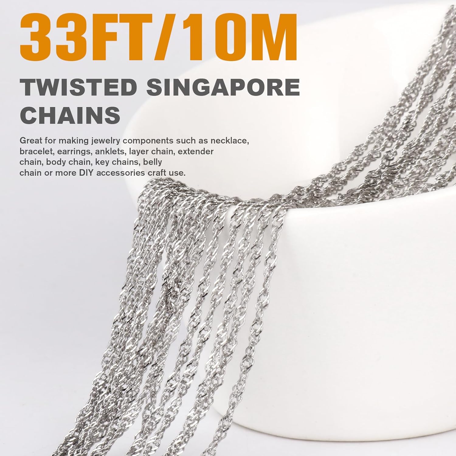 33 Feet Stainless Steel Singapore Chains Roll, 1.7mm Width 304 Stainless Steel Twisted Link Chain Bulk Spool for Jewelry Making DIY Craft - Image 2