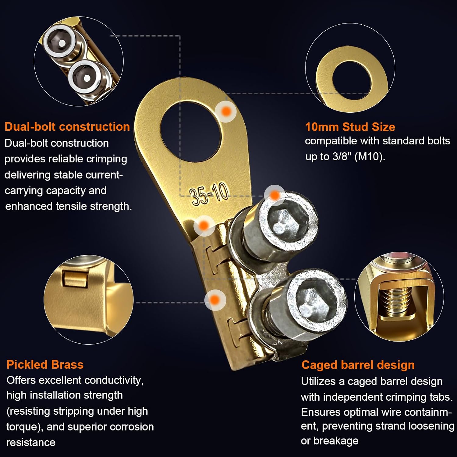 GKG 5Pcs 8-2AWG - 3/8" Battery Cable Lug Copper Wire Ring Terminals | Dual Bolt-On Quick Wire Connectors，Heavy Duty Battery Lugs, Marine Battery Cable Ends with wrench