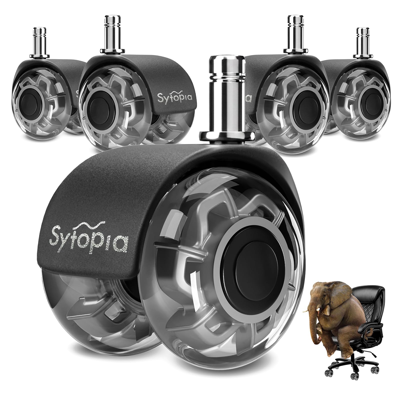 Sytopia Ruedas para silla de oficina con pasador de 11 x 22 mm, juego de 5 ruedas giratorias para suelos de madera dura, alfombras, laminados y azulejos, reemplazo de alfombrilla de silla de oficina,