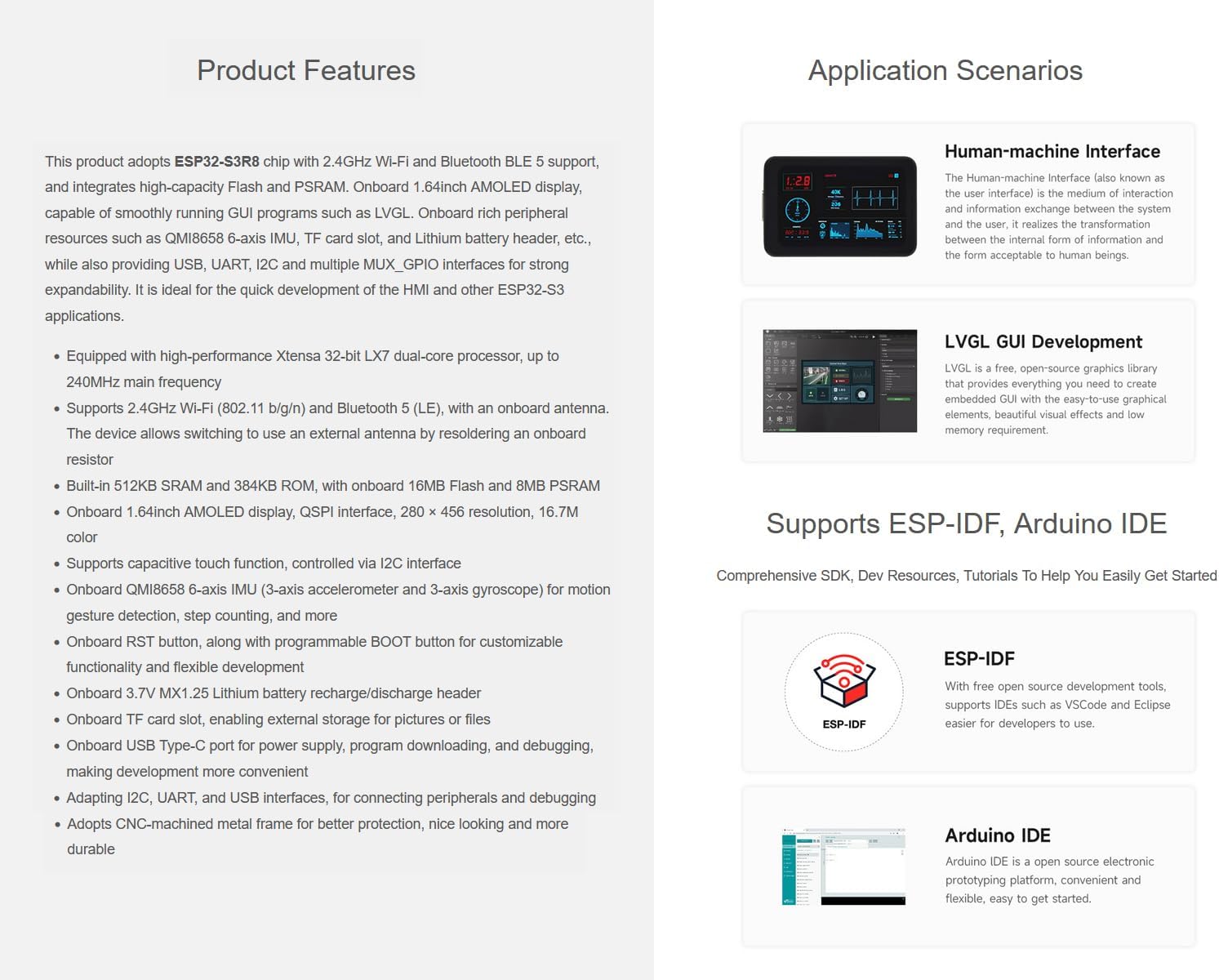 ESP32-S3 1.64inch AMOLED Touch Display Development Board, 280×456 Resolution, 16.7M Color, QSPI Interface, Wi-Fi and BLE-5 Support, Onboard 6-Axis IMU, TF Card Slot, USB, UART, I2C, etc.