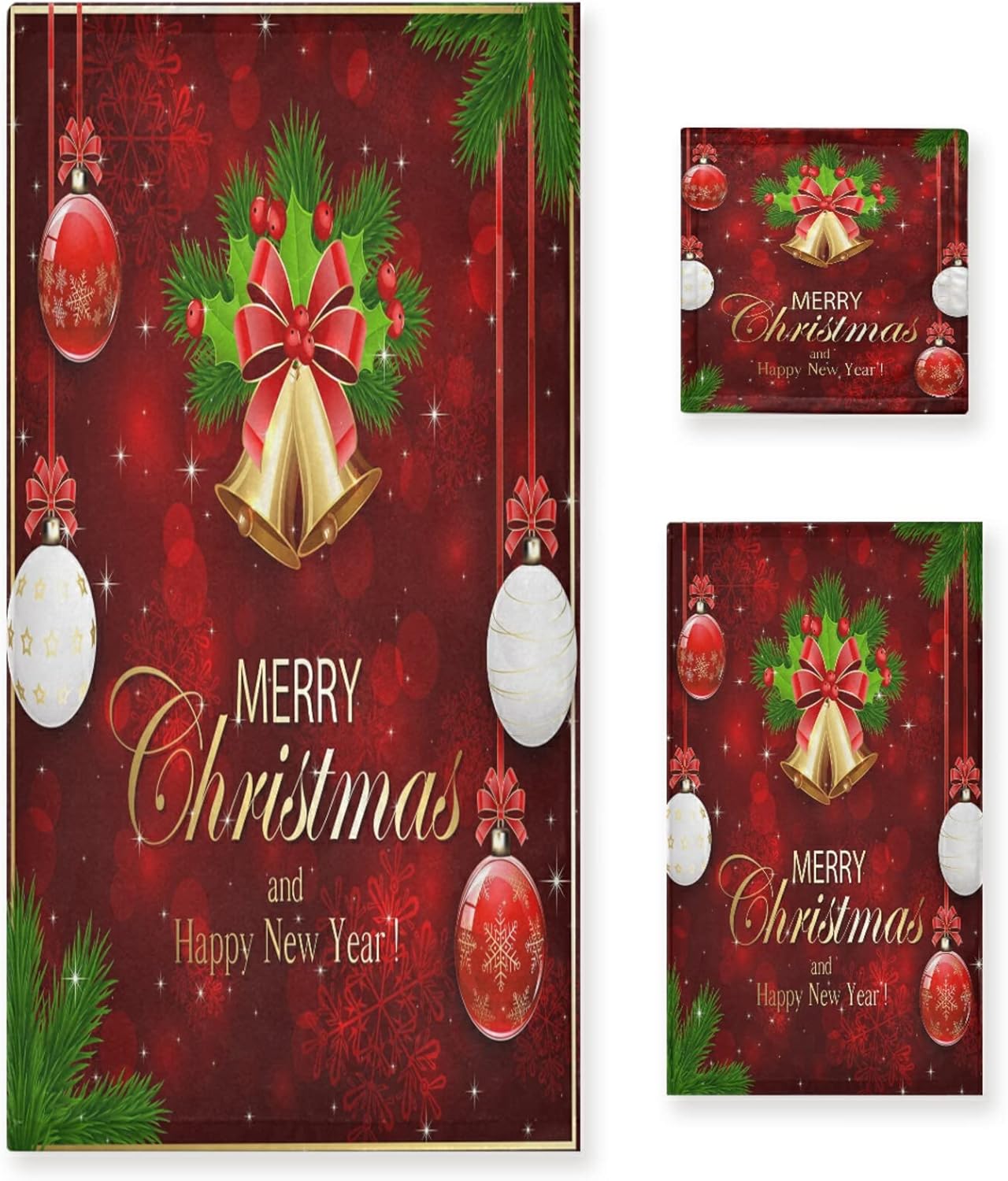 ALAZA Xmas Theme Merry Christmas Golden Bell Snowflake Soft 3 Piece Bath Towels Set for Bathroom Spa Hotel, 1 Bath Towel+ 1 Hand Towel+ 1 Washcloth