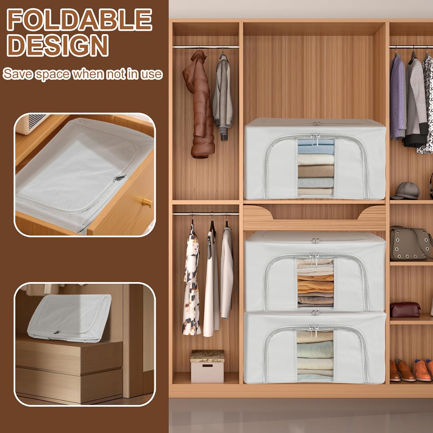 3Pcs Clothes Storage Bins Folding Stackable Closet Organizers Storage Containers Oxford Cloth Storage Bins with Lid Space Saving Clothes Storage Box with Clear Window and Two Way Zipper for Bedroom12