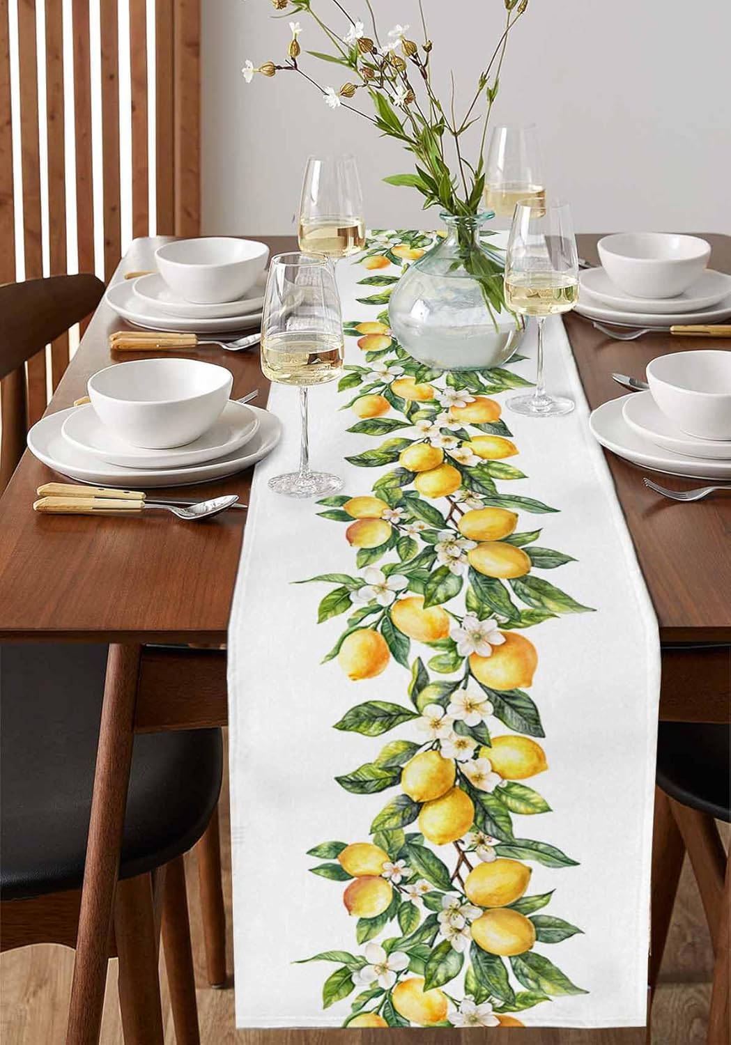 Dining Table Runner Dresser Scarf Linen Burlap Fabric,Summer Lemon Green Leaves Washable Table Runners 72 Inches Long for Farmhouse Home Kitchen Wedding Party Decor