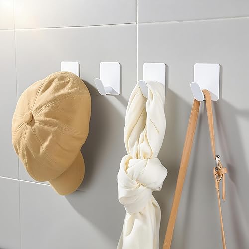 Miniatura 4 de DELITON - Ganchos adhesivos para pared, para toallas, paquete de 4, blancos, resistentes, para colgar batas, abrigos y ropa, para baño, dormitorio,