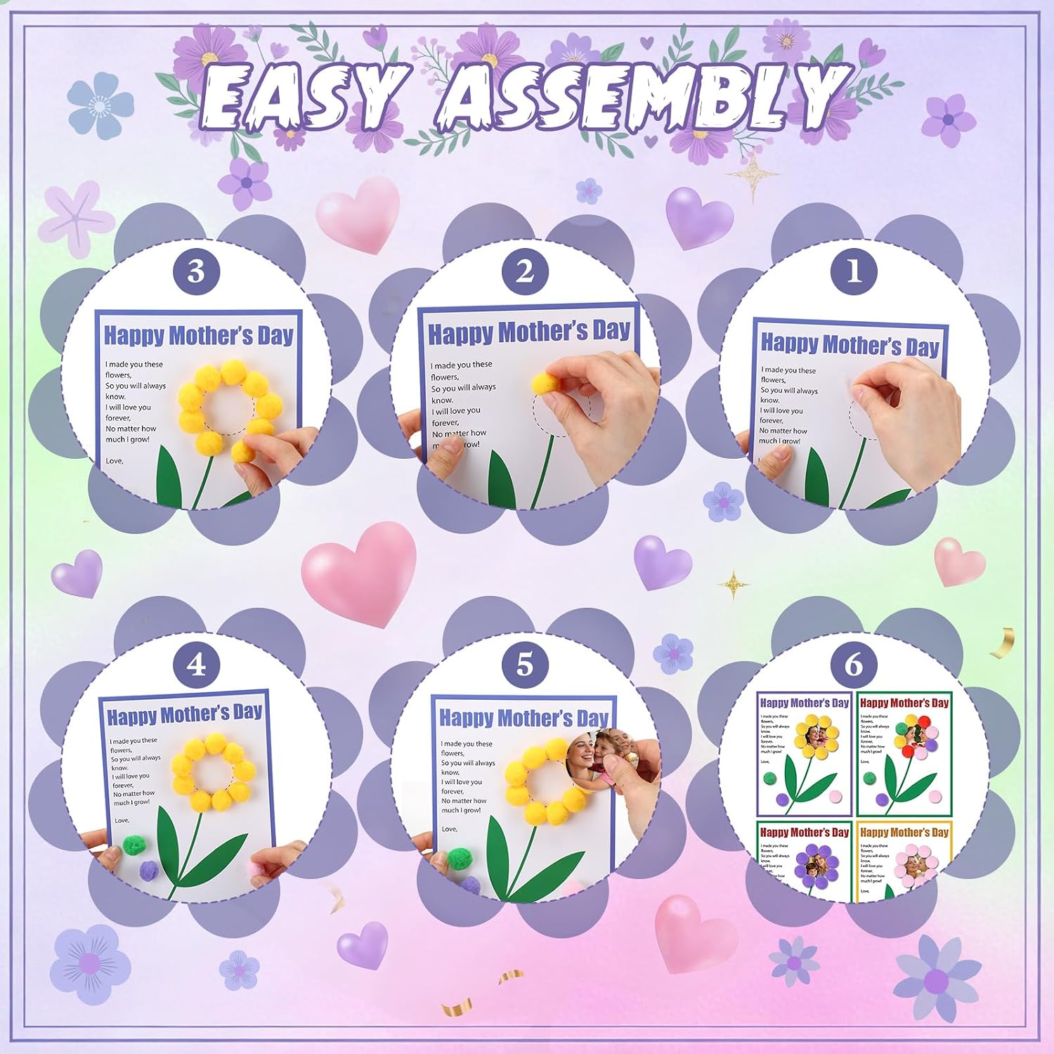 Hollowfly 30 Set Mother's Day Craft Kits Gift DIY Flower Picture Frames Crafts DIY Pom Poms Flower Picture Frame with Happy Mother's Day Cards Handmade Gifts from Daughter Son for Mom