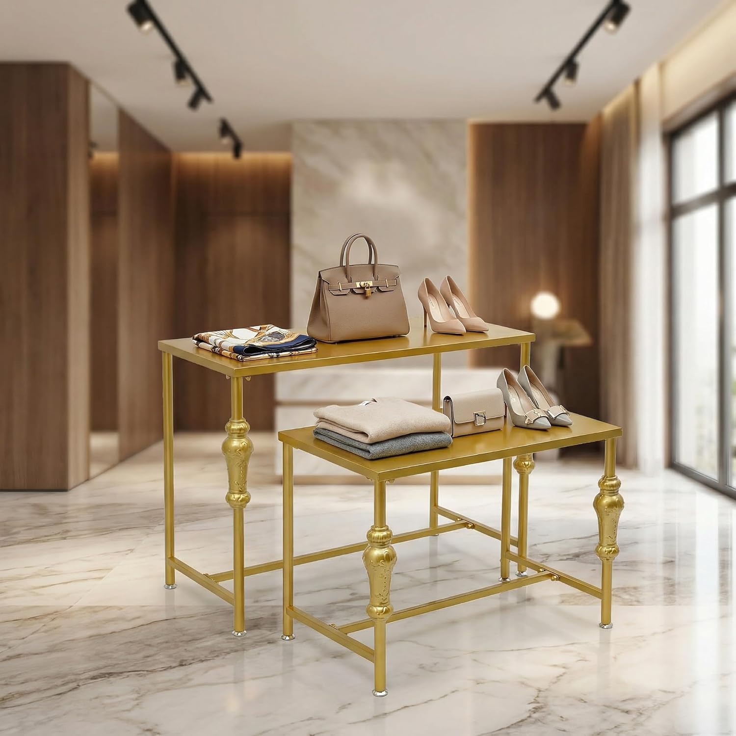 TFCFL Set of 2 Industrial Retail Display Tables, Shoe Handbag Display Stand Standing Nesting Tables Set Retro Boutique Unit Storage Shelves, for Home Boutique Retail Store (Gold)