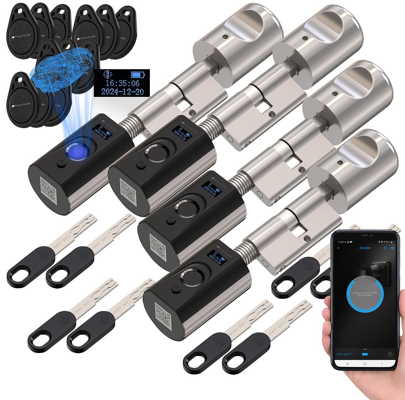 VisorTech Fingerabdruck Türschloss: 4er-Set elektronische Tür-Schließzylinder, Fingerabdruck, Transponder (Smart Türschloss, Haustür, RFID)