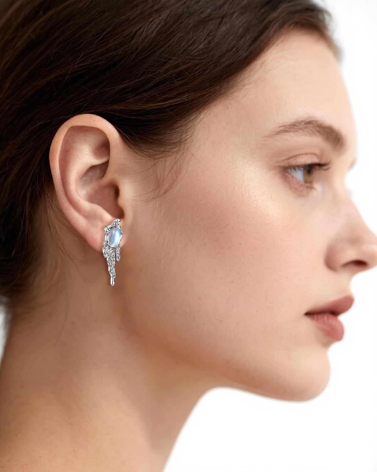 Moonstone Stud Earrings for Women, Hypoallergenic Silver Irregular Geometric Flatback Studs Blue Moonstone Gift - Image 3