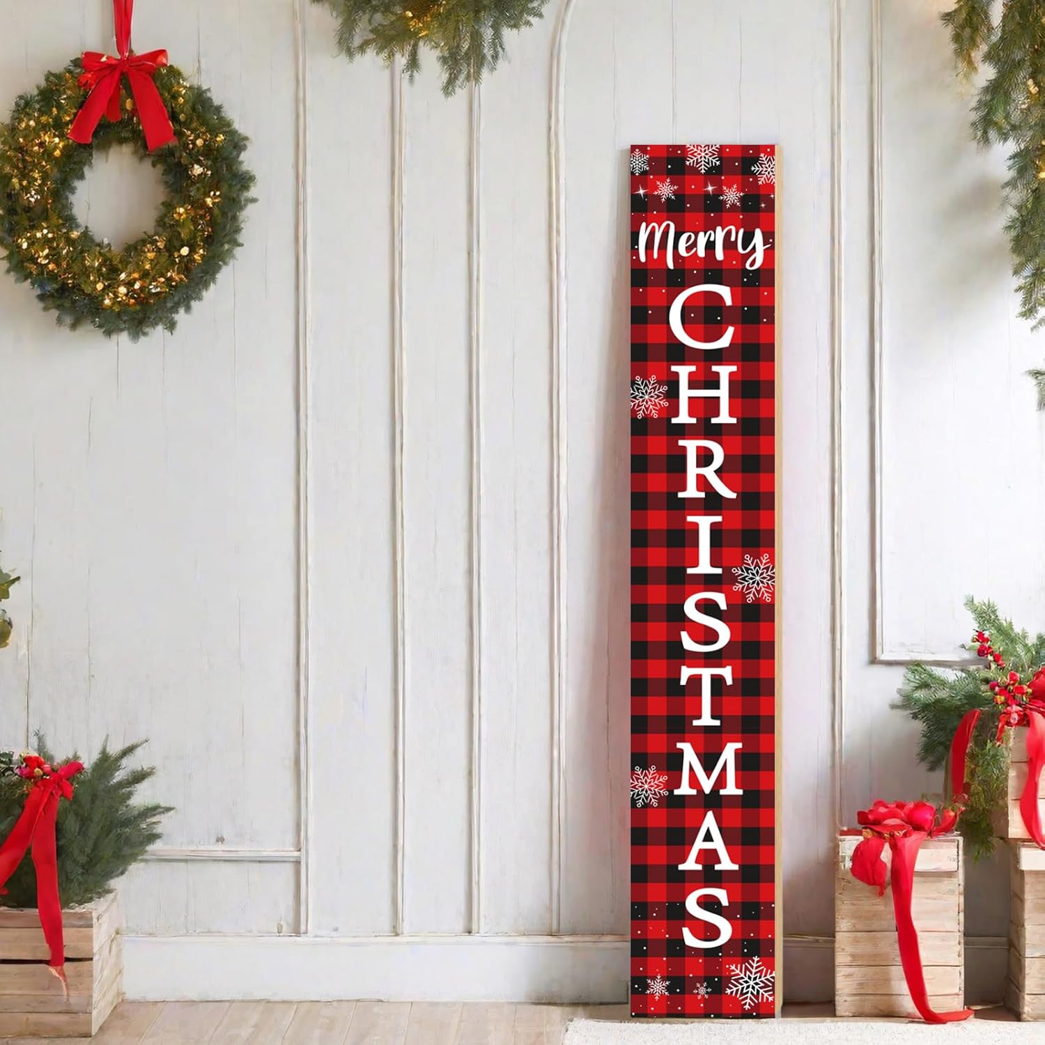 Christmas Porch Sign Merry Christmas Porch Decor Outdoor Decorations Red Buffalo Plaid Wooden Door Decorations Indoor Outside Welcome Sign for Front Door 46.8 Inch