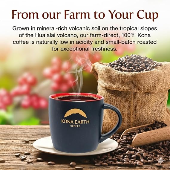KONA EARTH - 100% Kona Coffee, Classic Medium Dark Roast, Whole Bean, 1 lb (16oz) Farm-Direct Authentic Hawaiian Kona Coffee beans from Hawaiis Big Island, Small-Batch Roasted, Award-Winning