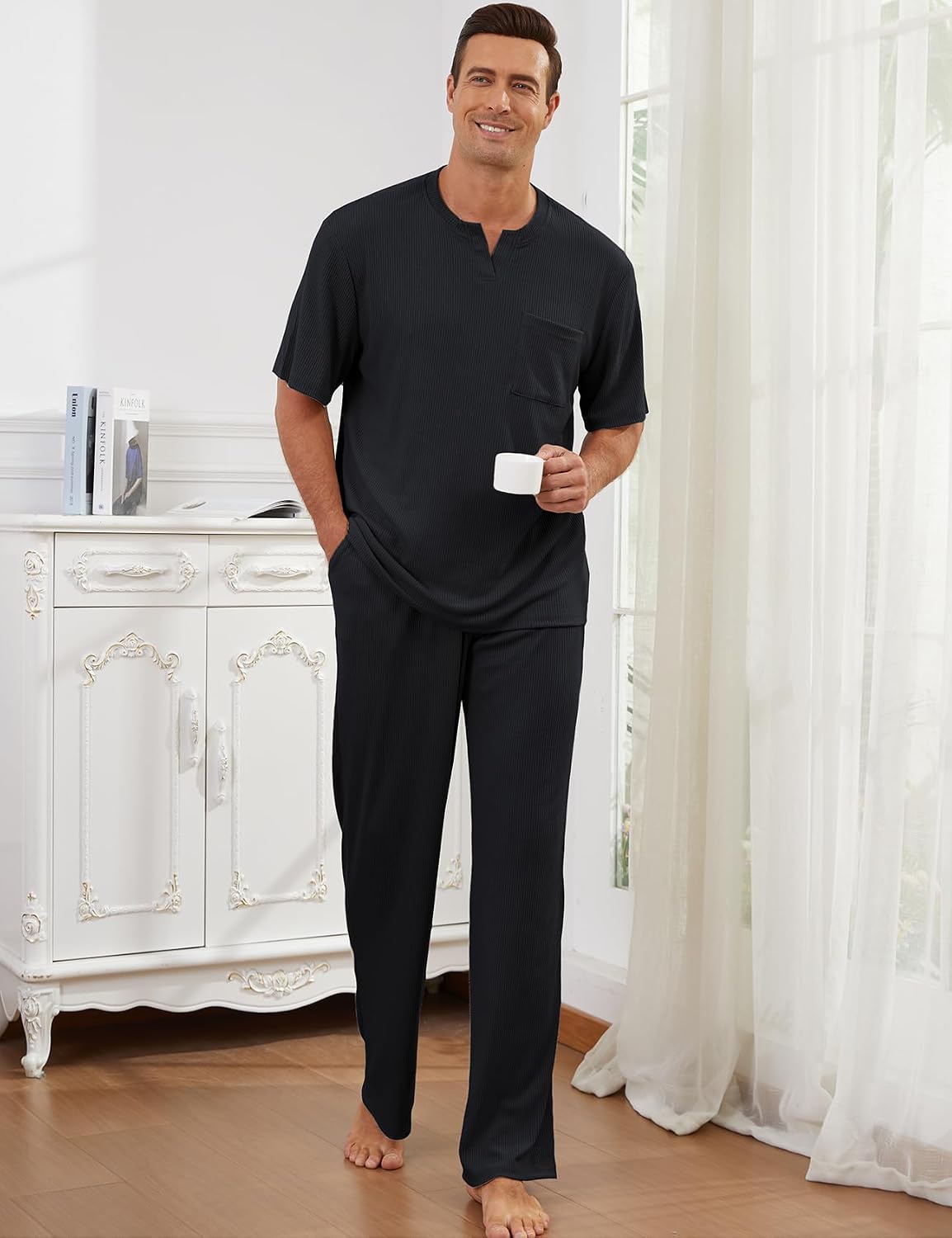 Gihuo Mens Pajama Sets Short Sleeve Top Pants Loungewear Set Sleepwear Matching Set