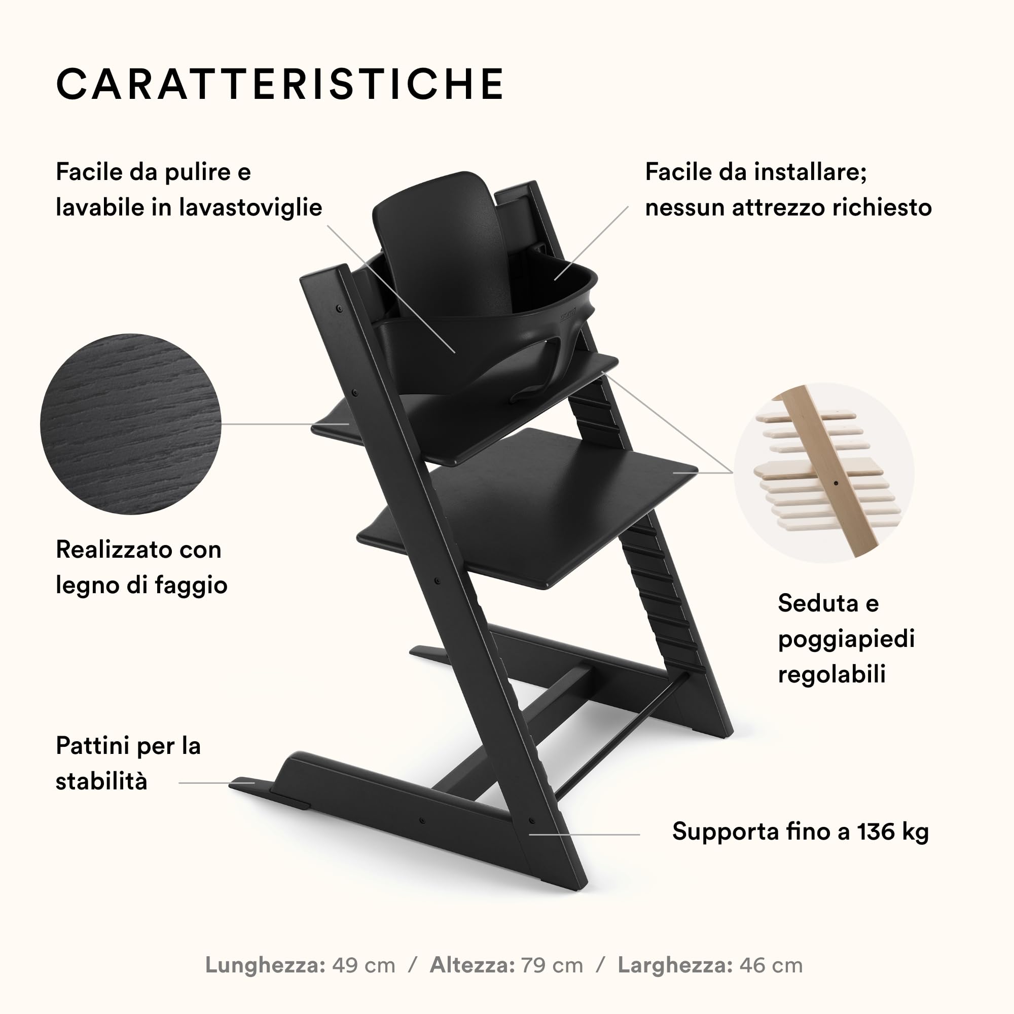 Seggiolone Tripp Trapp di Stokke con Baby Set, Black - Sedia regolabile ed evolutiva per bambini e adulti - Design ergonomico e classico, 1.0 Conteggio, 6.47 kilograms