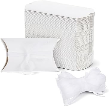 Kegeeei 200 Pack 5.2 x 3 Inches White Pillow Gift Boxes with Ribbon, Elegant Paper Favor Boxes for Wedding, Birthday, Baby Shower & Holiday Party Favors