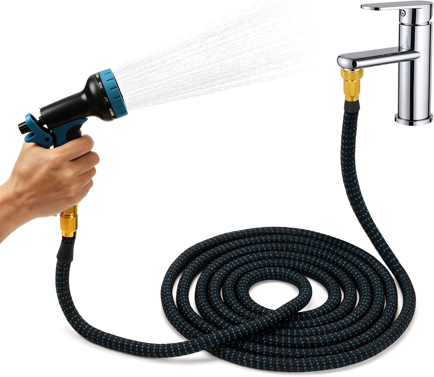 Indoor Sink Hose Attachment for Kitchen Sink or Bathroom Sink Faucet - (50FT) Sink Hose with 7 Adapters, Watering Houseplants, Dog Washing, Household Cleaning, Car Washing, 10-Function Nozzle