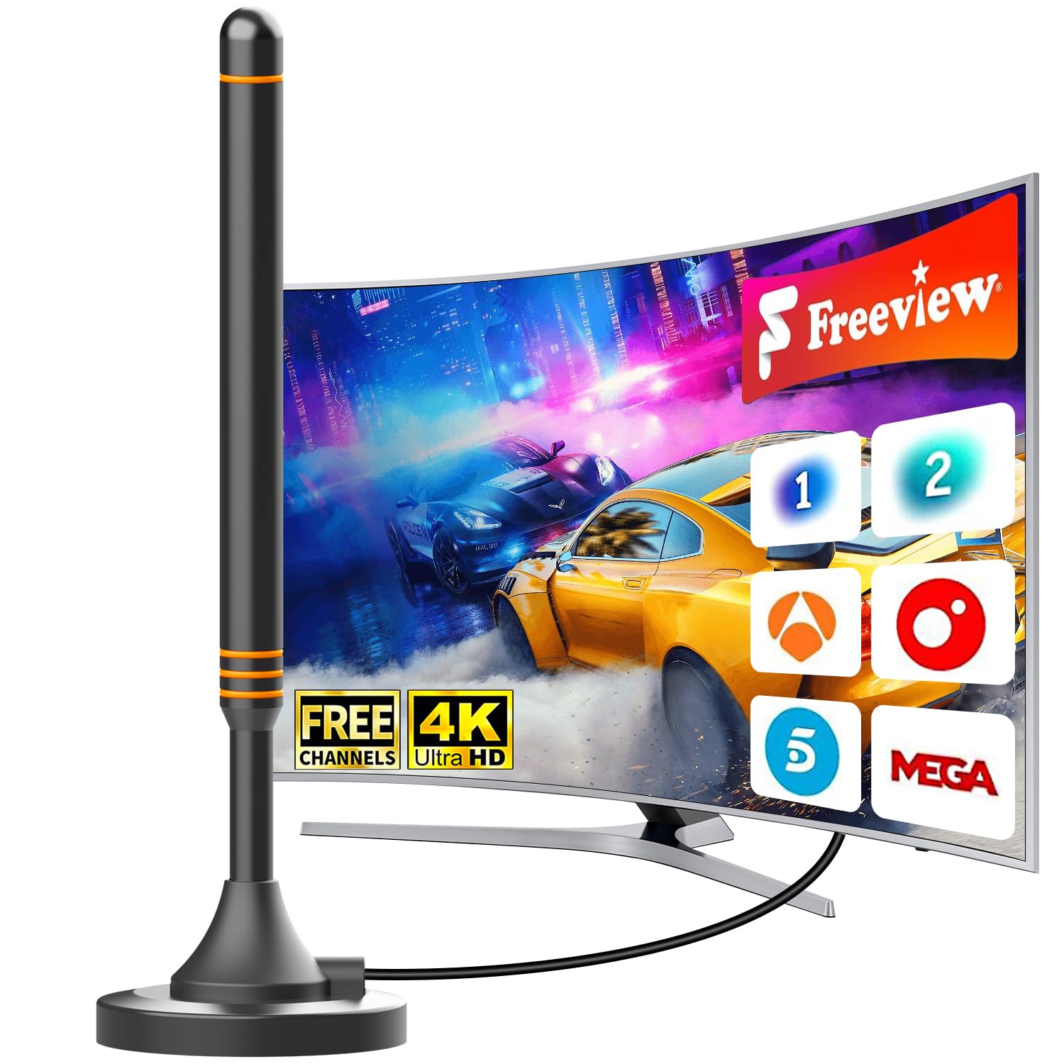 Antena TV Interior HD – Recepción 360°, Antena TDT Potente para Canales 4K/1080p, Base Magnética Estable, Fácil Instalación, Compatible con DVB-T2/DVB-T, Canales Gratis sin Cable