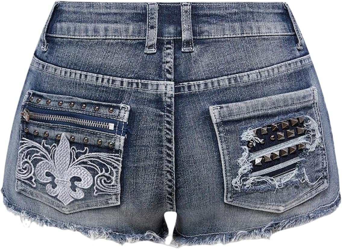 Verdusa Women's Y2K Grunge Ultra Low Waist Denim Shorts Frayed Raw Hem Skinny Jean Shorts