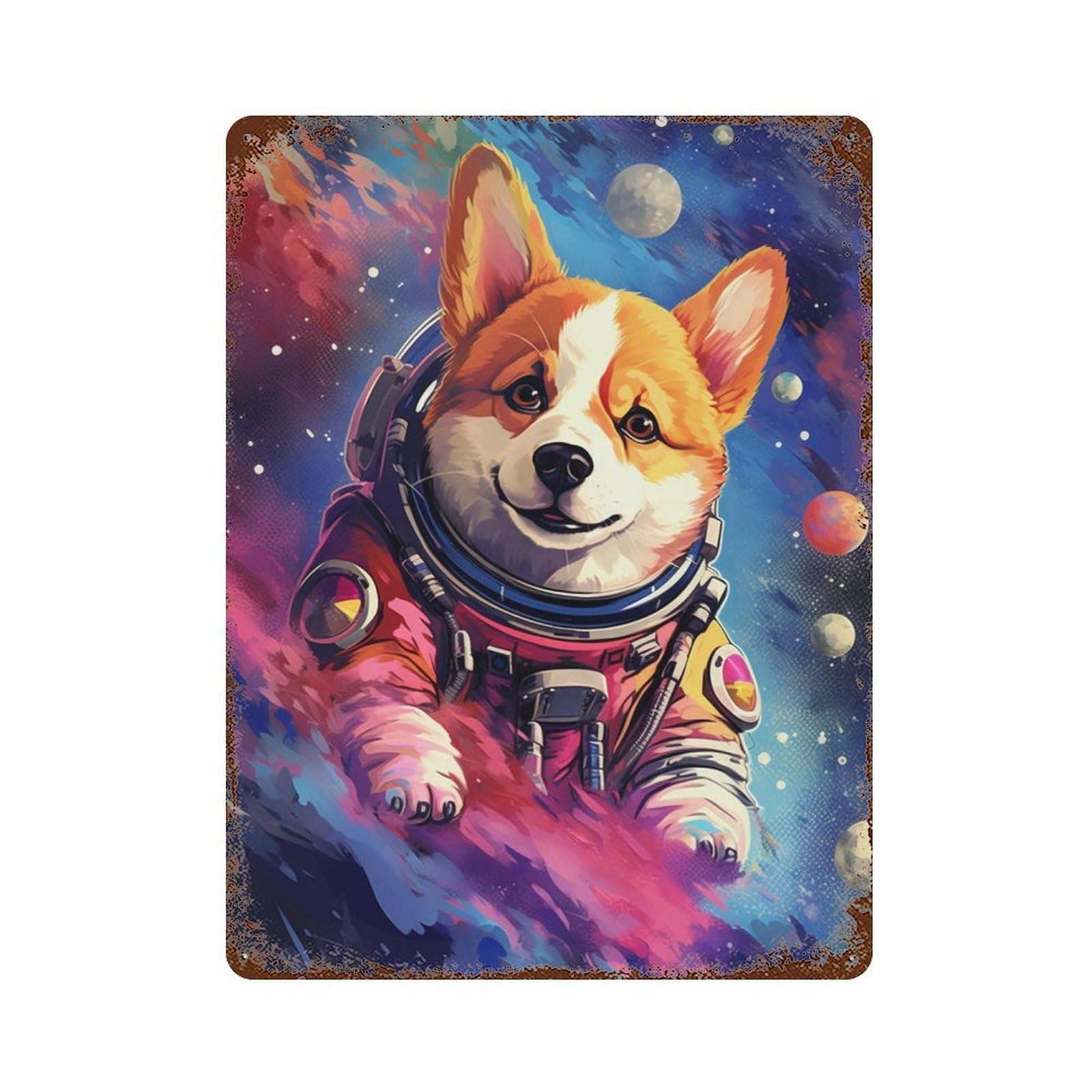 Rust Effect Corgi Astronaut in Space -11 Vintage Rust Metal Sign 15.7"x11.8", Old School Wall Decor for Basement, Hobby Room And Garage Decor