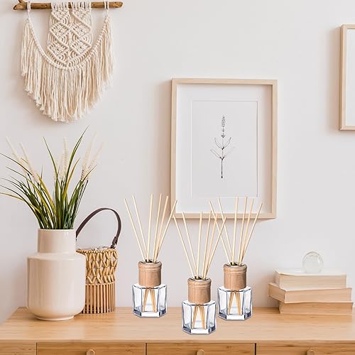 Miniatura 7 de Roshtia Juego de 20 botellas difusoras de varillas vacías recargables con fragancias de vidrio con tapas de madera, palitos de ratán, tarros de