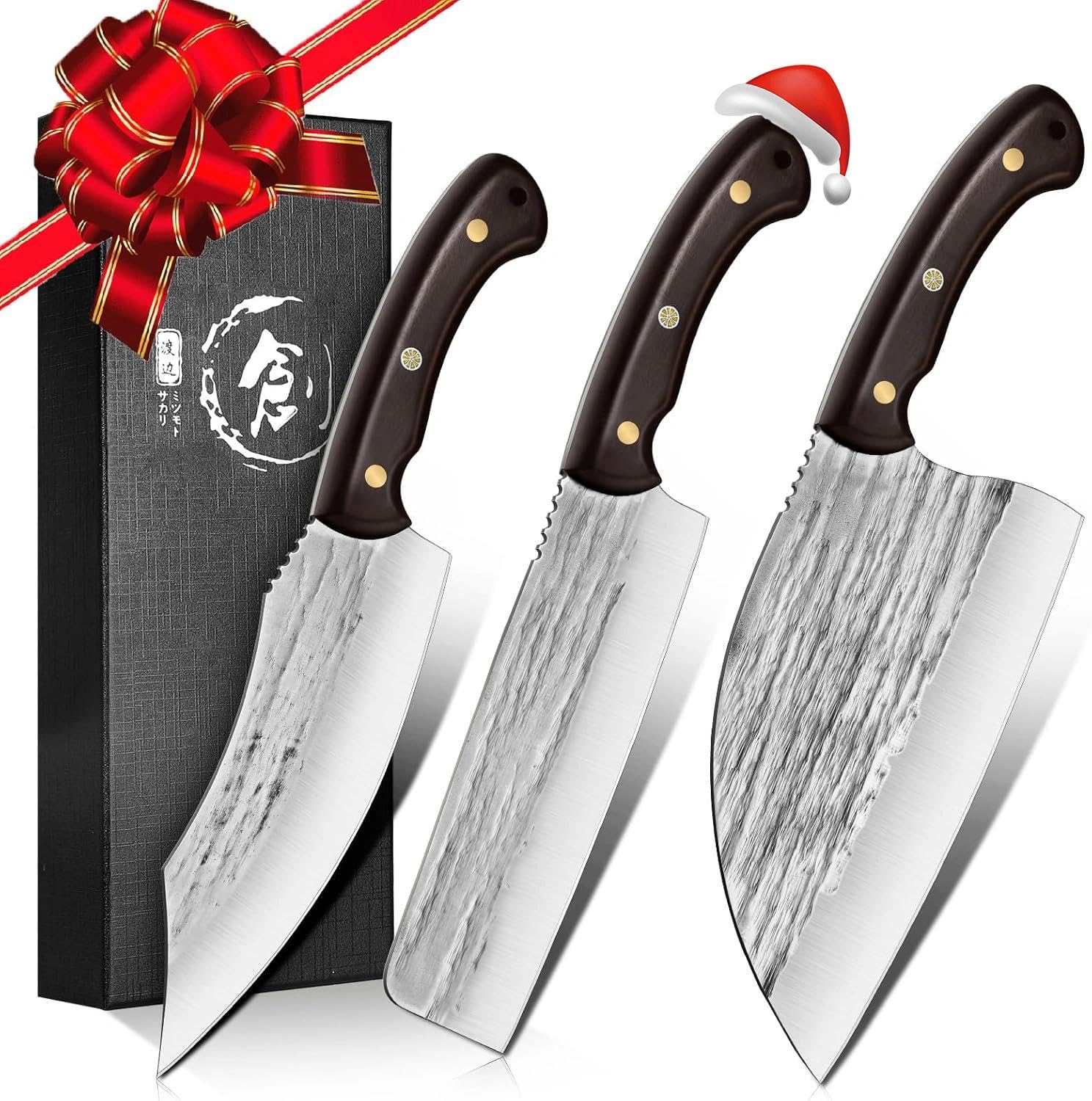 TIJERAS Butcher Knife Set, 3PCS Hand Forged Chef Knife Set, Serbian Chef Knife & Meat Cleaver Knife & Nakiri Knife, BBQ Knife Set for Meat Cutting, Japanese Men Camping Knife Set for Cooking