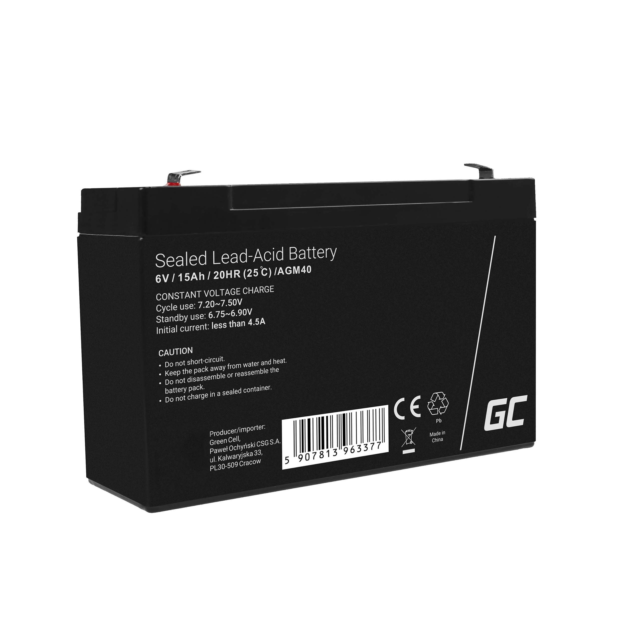 Green Cell PRO Batteria AGM 6V 15Ah accumulatore sigillata VRLA non manutezione ricaricabile Batterie di ricambio ermetica giocattoli giocattoli per bambini Installazioni di allarme