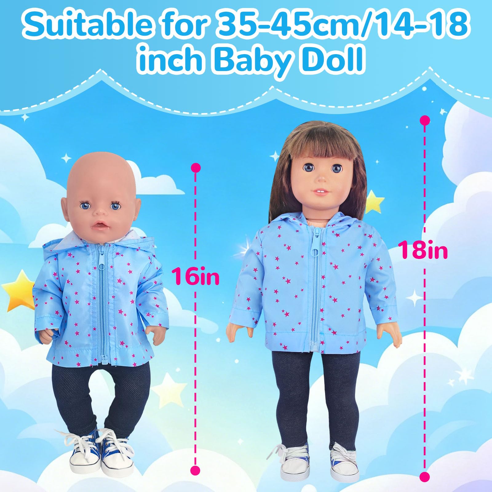 5 Pcs Doll Clothes Outfits for 14-18 Inch Baby Dolls, 35-45cm Blue Star Hoodie T-Shirt Pants Canvas Shoes Hanger - Image 2