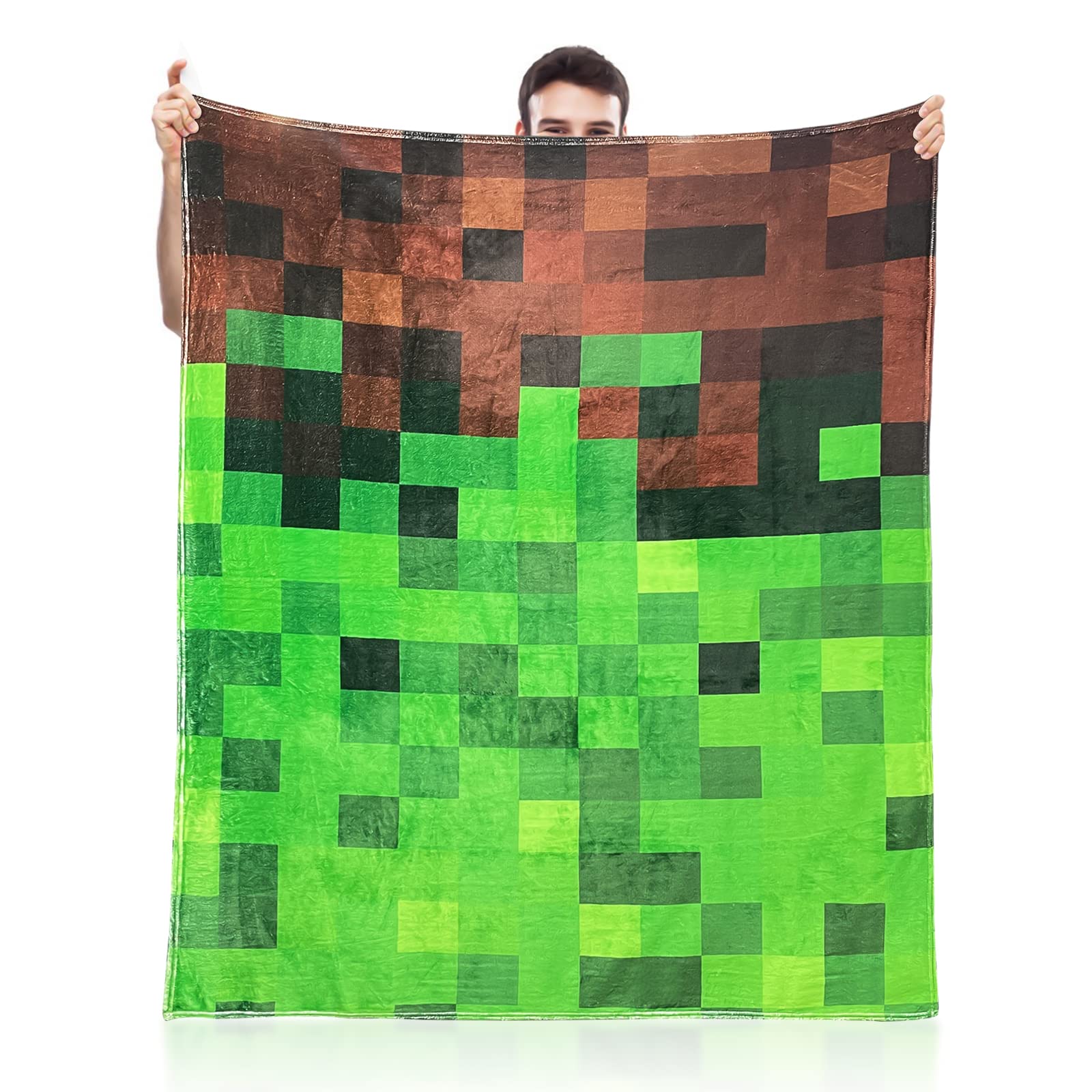 ZHIEND Warm Cozy Miner Style Cartoon Flannel Blanket, Pixelated Themed Soft Plush Microfiber Kids Blanket for Boys Girls Seasons Birthday Gifts(Land)