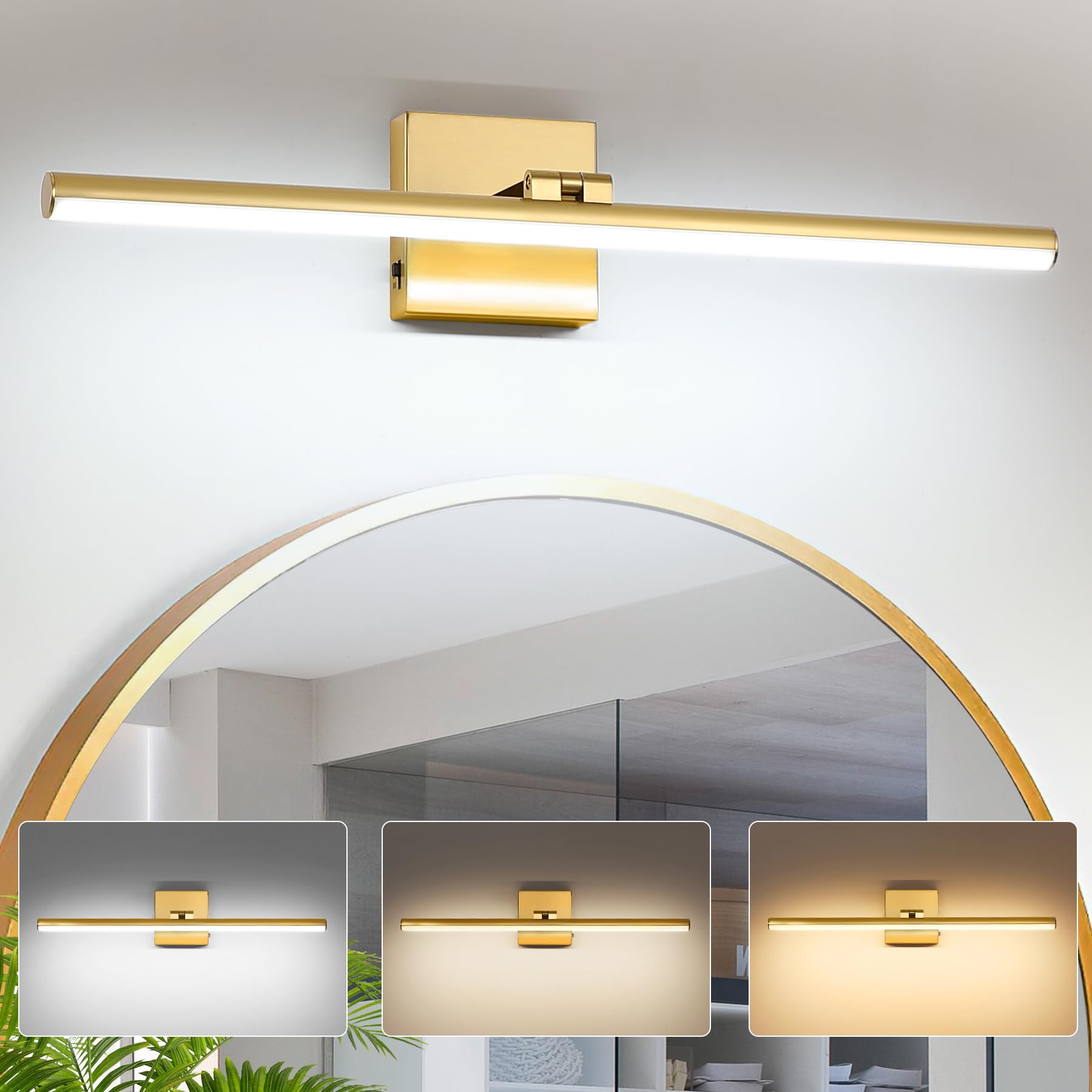 24 Inch LED Bathroom Vanity Light (3000K/4000K/6000K, Dimmable), Brass Modern Bathroom Light Fixture Over Mirror, Vanity Light Bar with Angle Adjustable