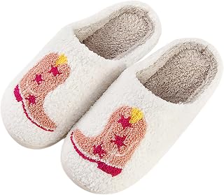 Women Retro Cowgirl Cowboy Boots Slippers Plush Embroidered Cowgirl Hat Slippers Winter Cozy Warm House Shoes Indoor Outdoor