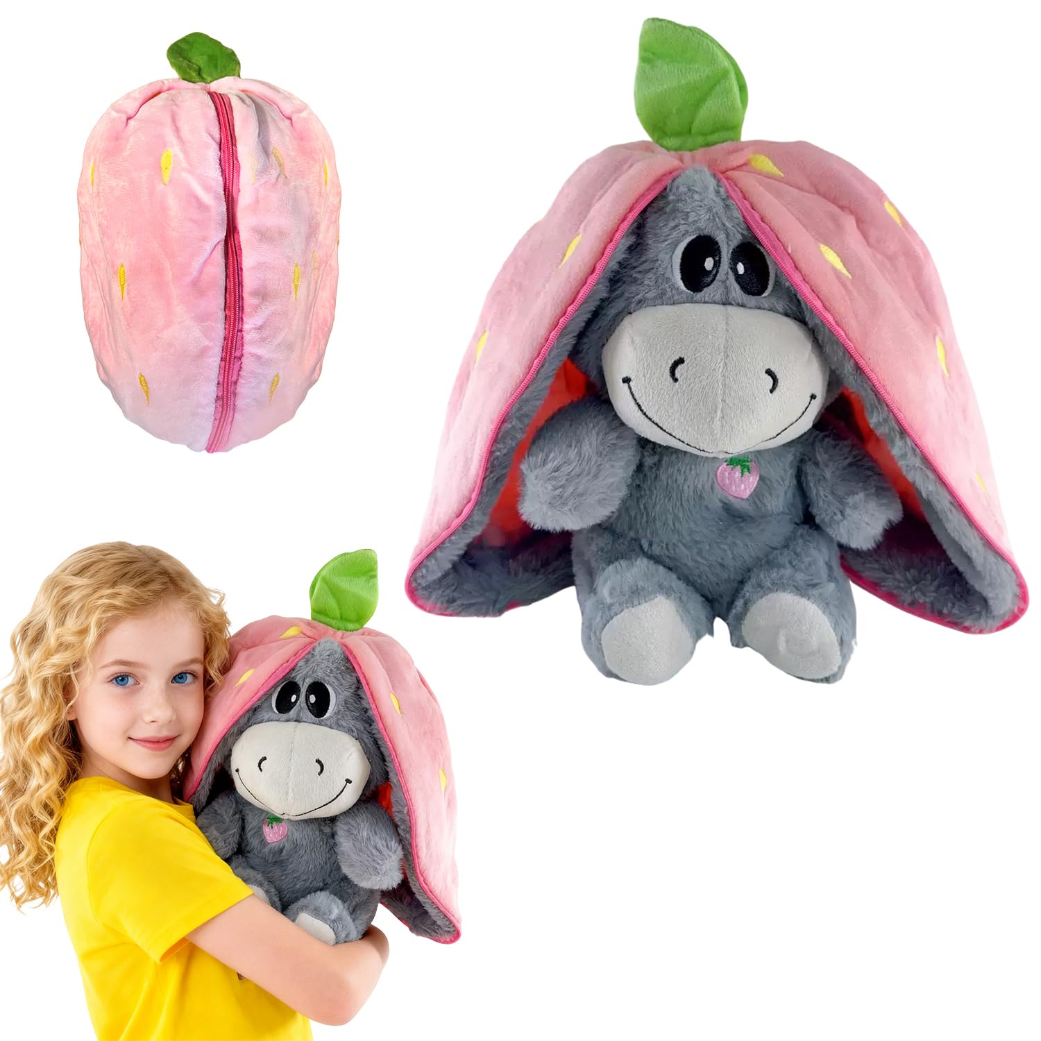 Aohcae Atmendes Kuscheltier Esel, Einschlafhilfe Babys Kuscheltier mit Musik und 4 Beruhigungsmodi, Atmender Esel mit Atmung Zur Geburt Baby Erstausstattung Neugeborene (Strawberry)