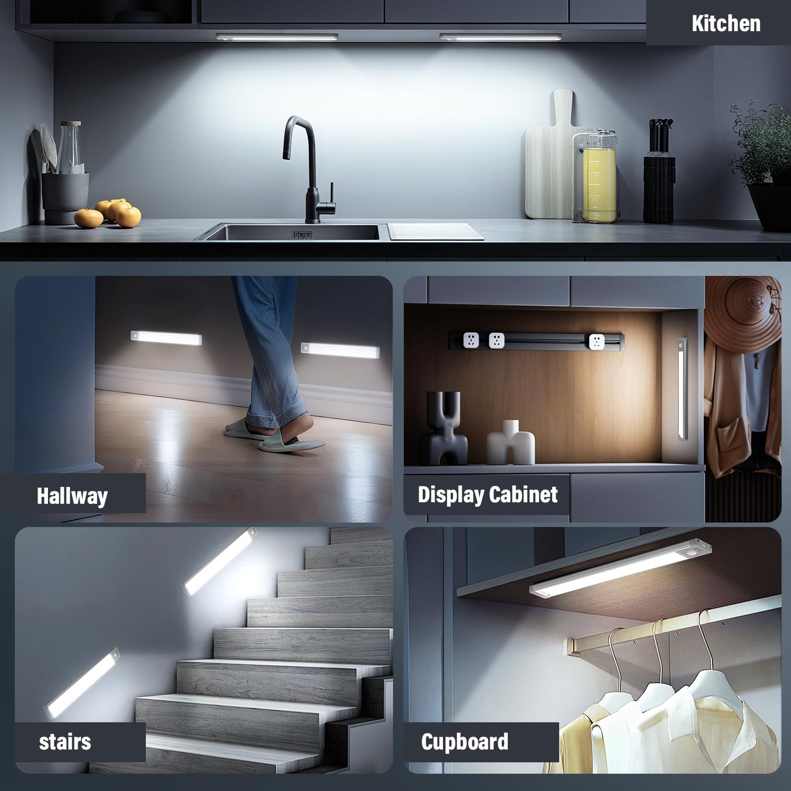 Lampe Placard sans Fil Rechargeable Cuisine sous Meuble - 1800mAh Reglette LED Lumiere Armoire Dimmable avec Detecteur de Mouvement Interieur pour Escalier Dressing - 2 Pack