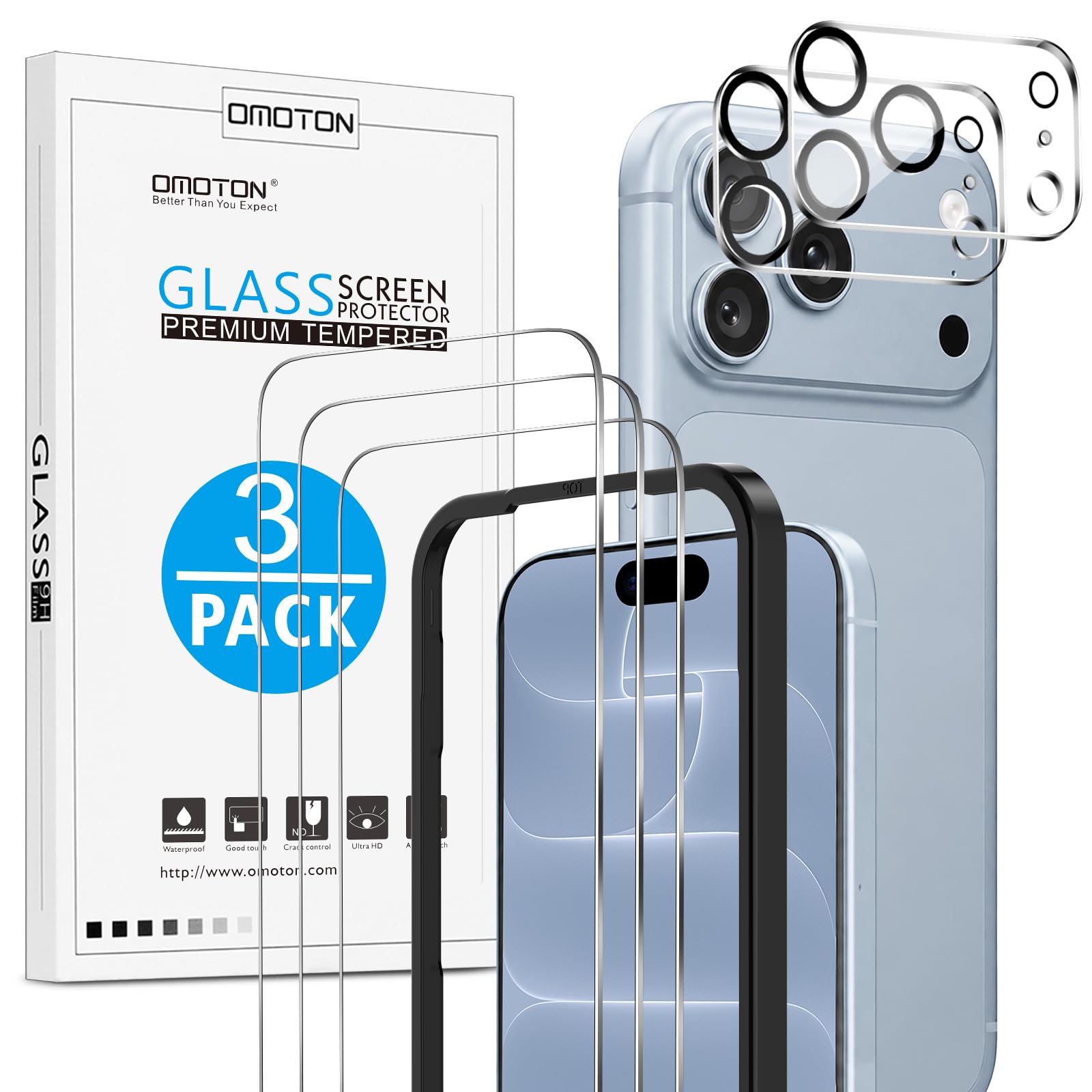 OMOTON für iPhone 18 Pro Panzerglas mit Montagerahmen, 3+2 Stück | Kameraschutz, Bläschenfrei, Kratzfest, Hüllenkompatibel, Ultra HD, Bruchsicher & 9H Härte Schutzfolie für iPhone