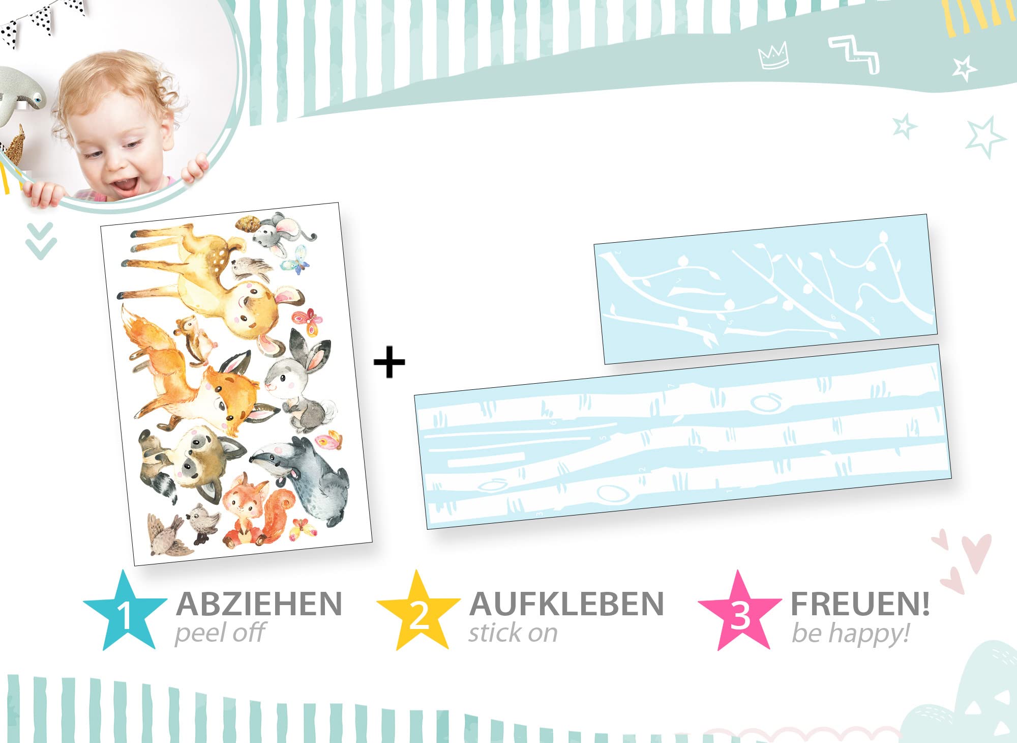 Wandsticker Groß Birkenstämme Set Wandtattoo Waldtiere Kinderzimmer Babyzimmer Wandaufkleber Fuchs REH Wanddeko DK1094-4