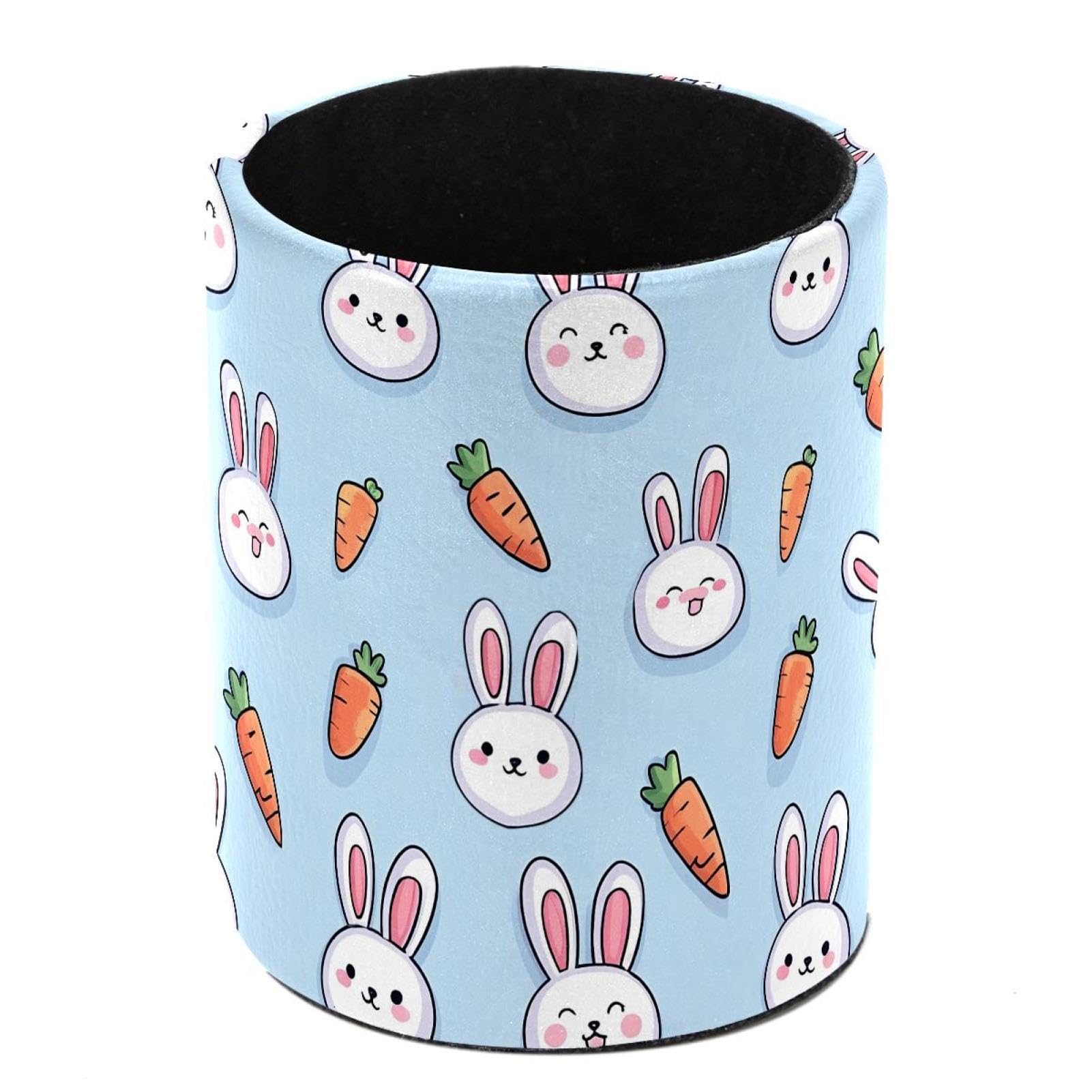 etoenbrc PVC Leather Pen Holder, Pencil Organizers for Desk, Cartoon Bunny Carrot Blue Pencil Cup Makeup Brush Holder, Desktop Supplies Storage Stationery and Accessories for Office, School, Home