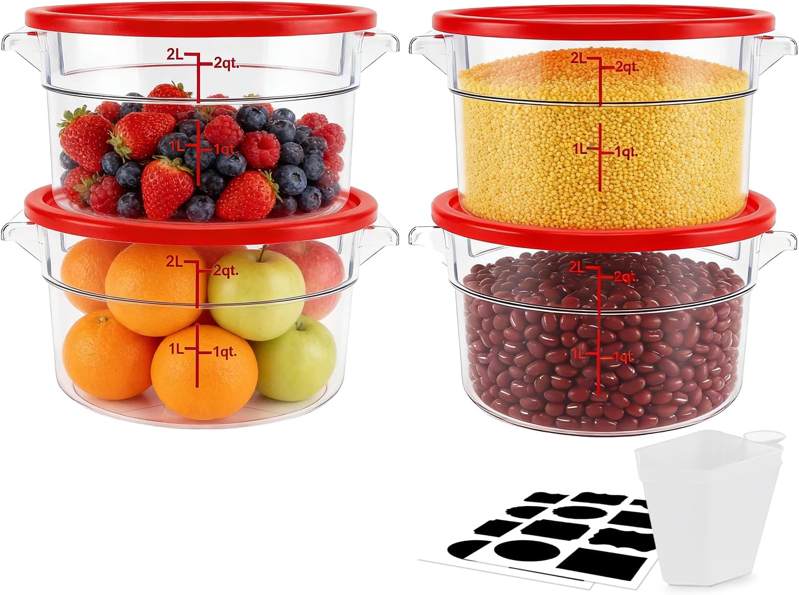 4-Pack Food Storage Container with Lid,Round Plastic Storage Box with Scale & Grip Perfect for Cake Prep, Marinating, Dough Mixing, Kitchen Supplies (Red, 2QT)